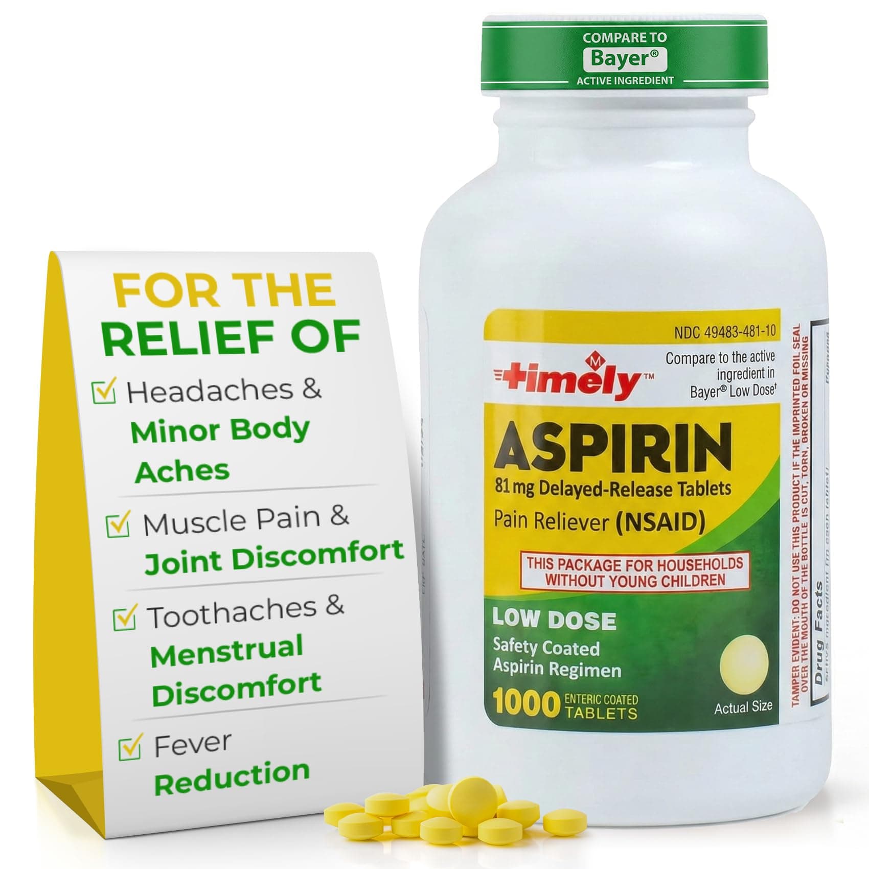 TIME-Cap Labs 1000 Tablets Low Dose Aspirin 81mg Enteric Coated - NSAID Pain Reliever & Fever Reducer for Adults, Helps with Minor Aches, Headaches, Muscle Pain, Toothaches, and Joint Discomfort