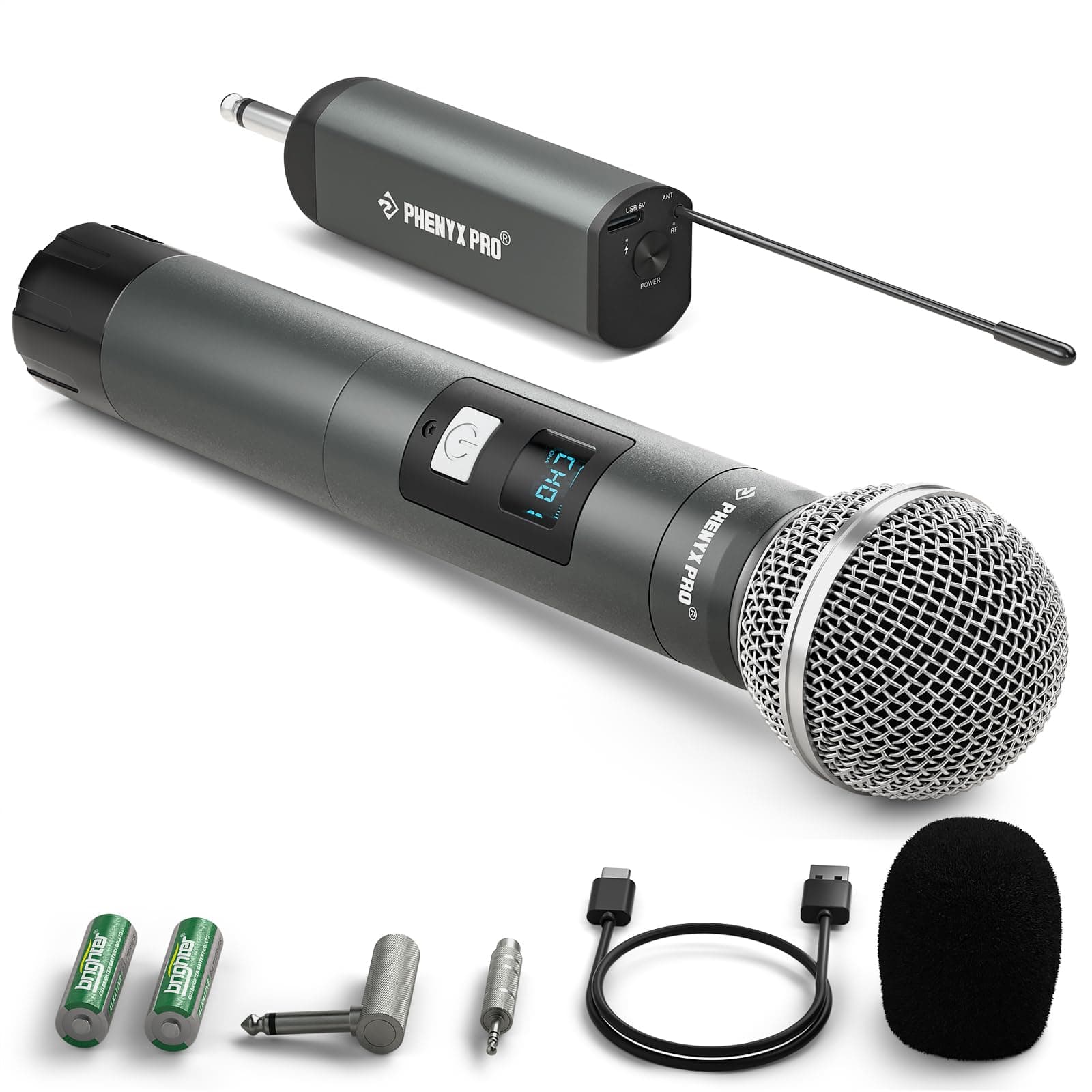 Phenyx Pro Single Digital Wireless Microphone System, w/1 Metal Handheld Dynamic Microphone, Mini Receiver, 15 UHF Frequencies, Cordless Mic for Karaoke, DJ, Singing, Church, Wedding(PDP-1-1H)