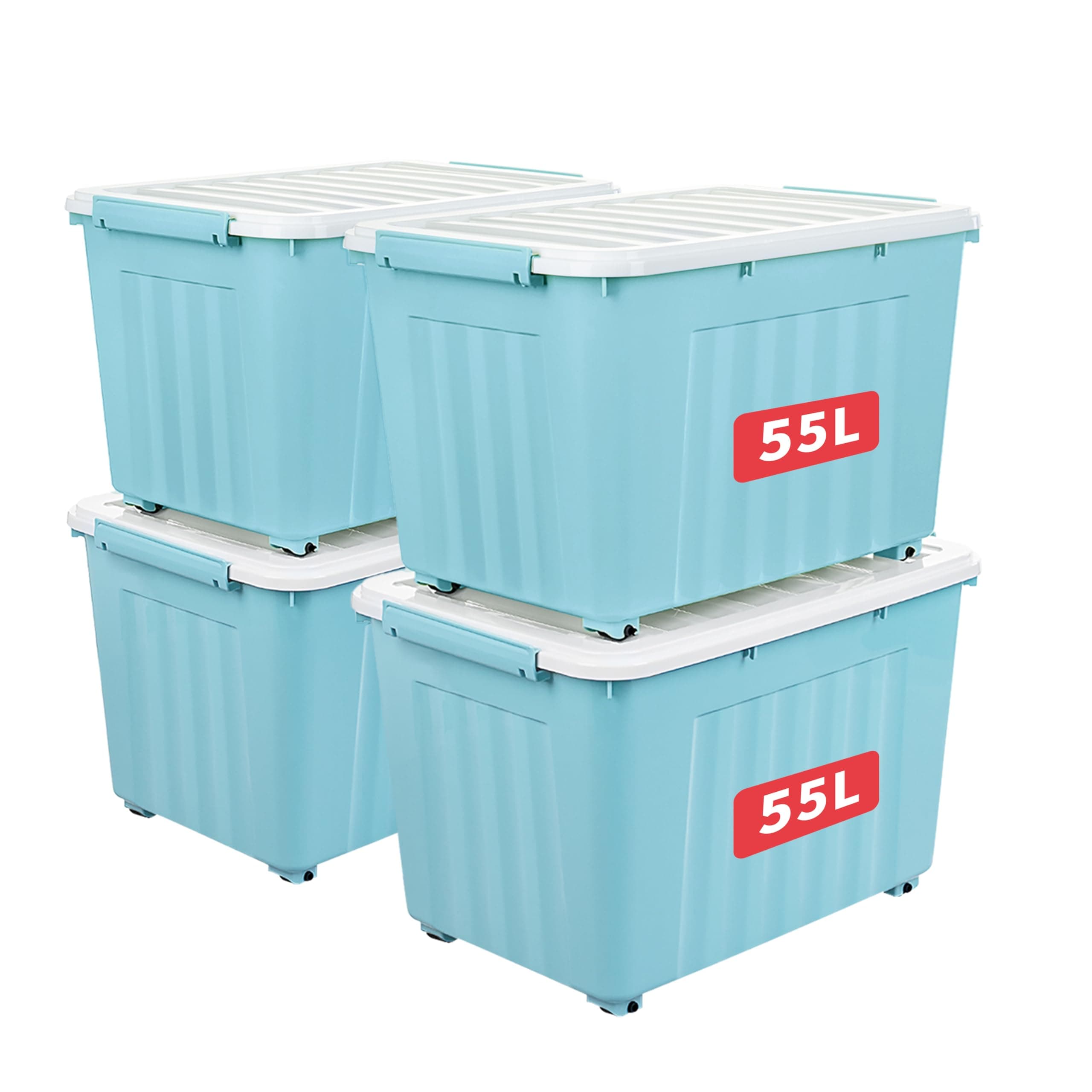 Cetomo 55L*4 Storage Boxes with Wheels, Plastic Storage Box with Lid, Latching Buckles, Click Closure, Stackable, Nesting, Durable Organizer for Home Office Clothes, Blue, 55L-4 Pack