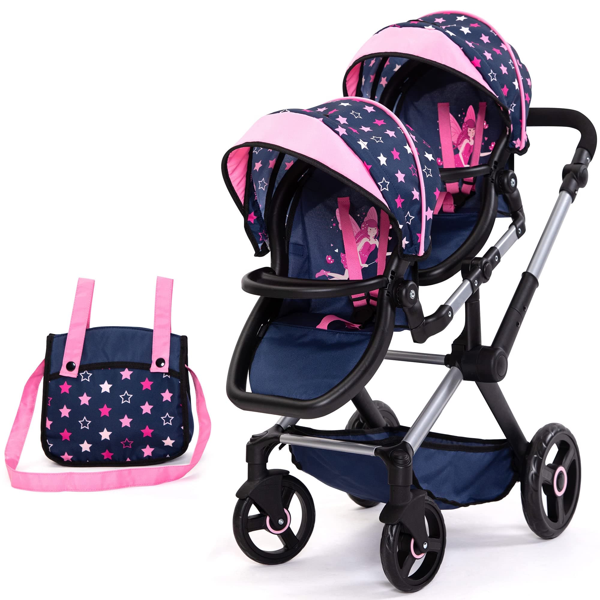 26716AA Twin dolls pram, carriage, adjustable handle, foldable, bag, blue, pink, stars