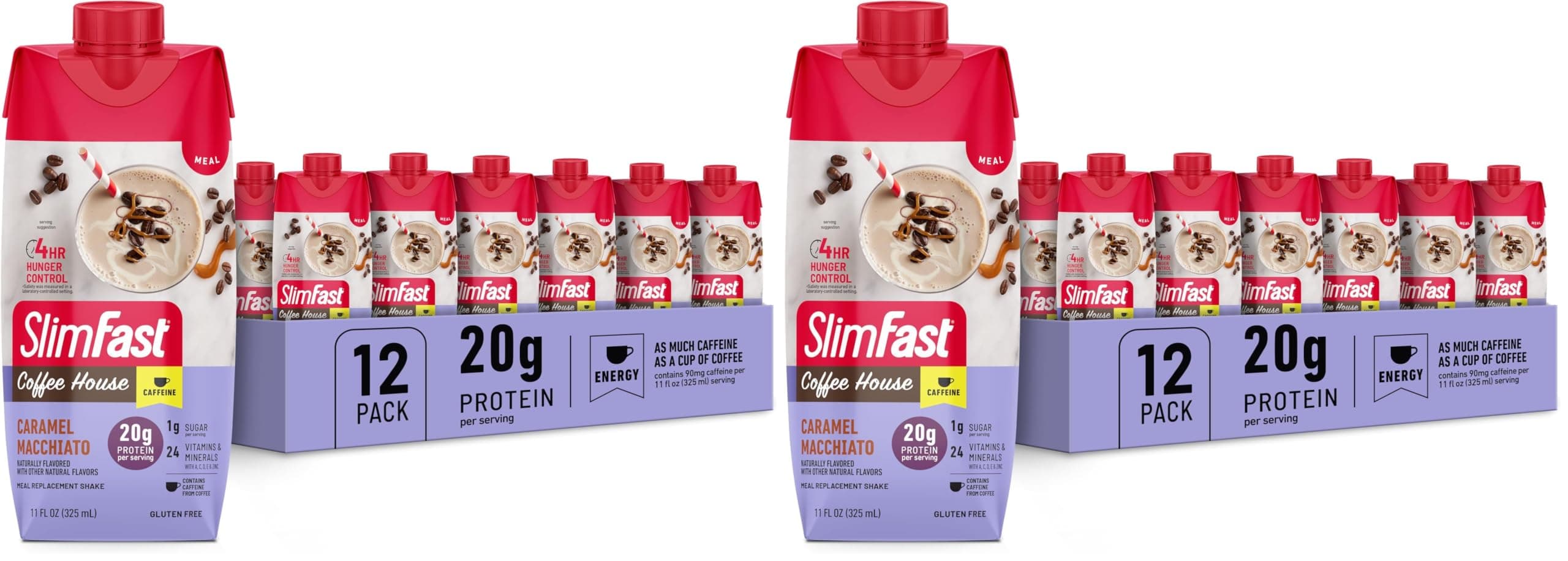 SlimFast Protein Shake with Caffeine,Caramel Macchiato- 20g Protein,Meal Replacement Shakes,High-Protein with Low Carb and Low Sugar,24 Vitamins and Minerals,(Pack of 24)
