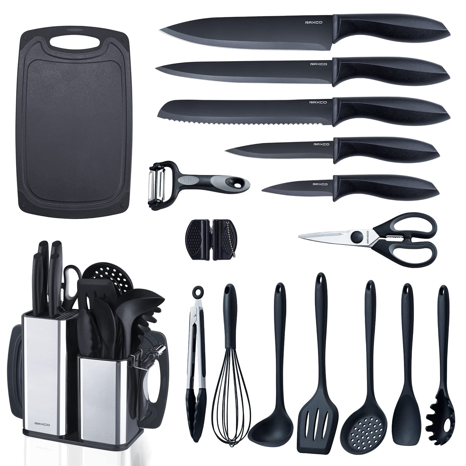 Kitchen Utensils Set For Cooking-7 Cooking Utensils,5 Kitchen Utensils,6 Knife set,utensilios de cocina(18-in-1) (Black)