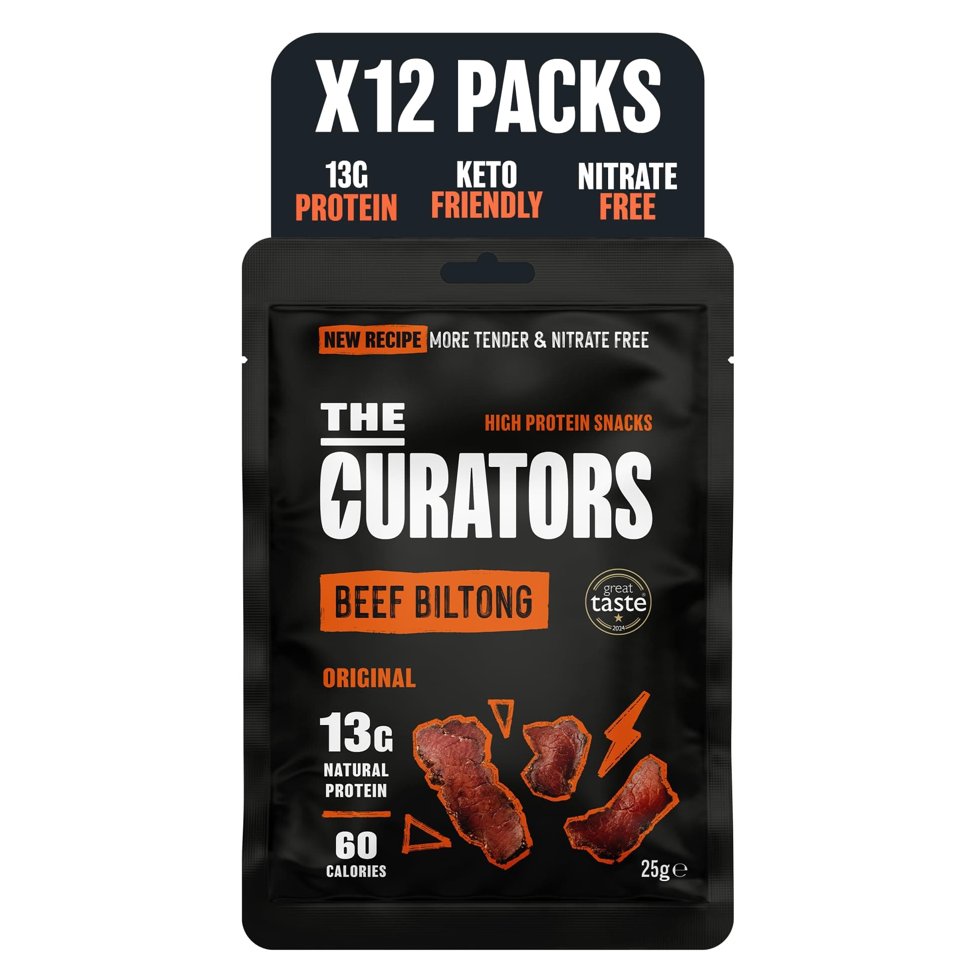 Original Beef Biltong (12 X 25g pack), Nitrate Free, High Protein, Zero Carb, Low Calorie, Gluten Free, Prime Cuts of British & Irish Grass Fed Beef, Keto & GLP Friendly Savoury Snack