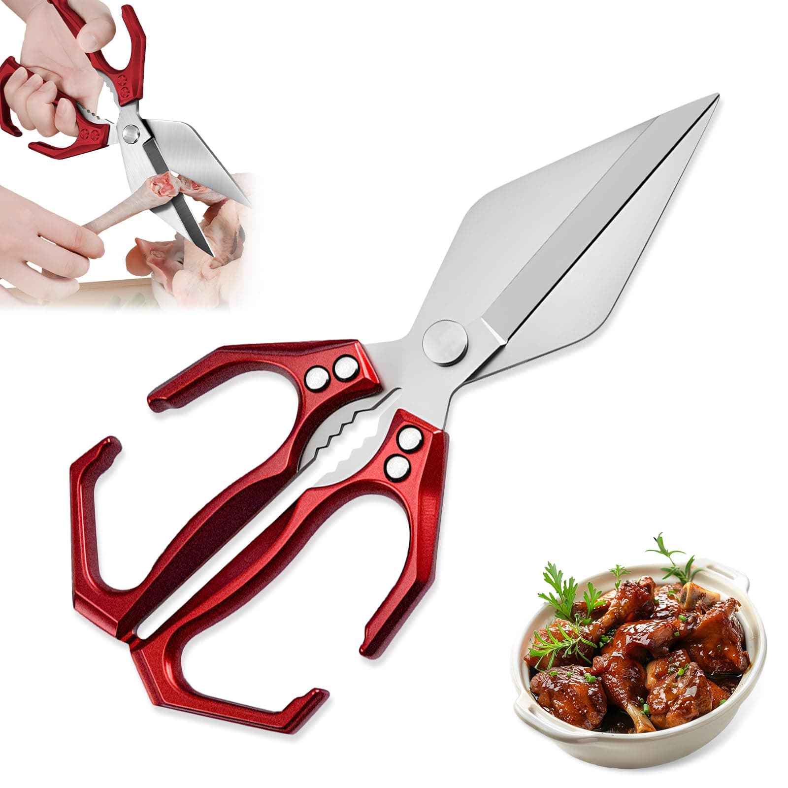 Multifunctional Heavy-Duty Kitchen Shears, 2025 New Heavy Duty Kitchen Scissors for Food with Ergonomic Handle, High-Carbon Steel Culinary Shears for Chicken, Meat, Seafood, Bone Cutting (Red)