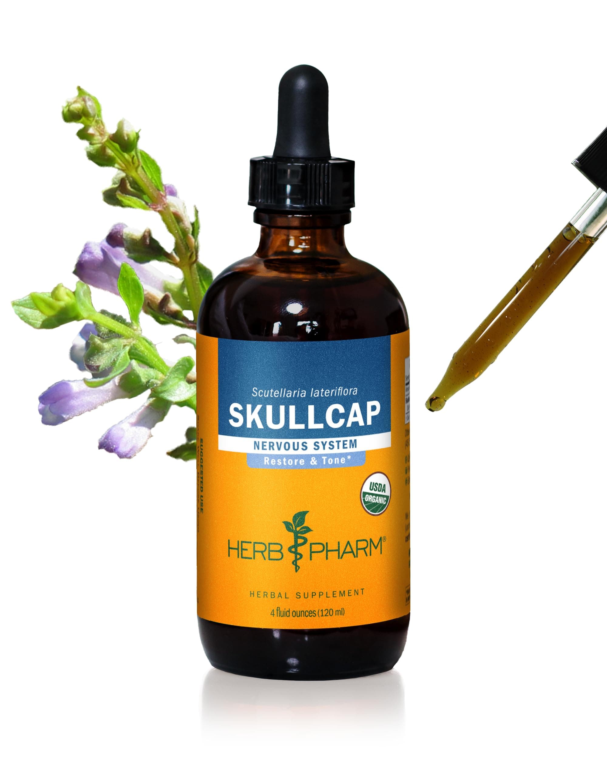 Herb Pharm Certified Organic Skullcap Liquid Extract for Nervous System Support, Organic Cane Alcohol, 4 Ounce