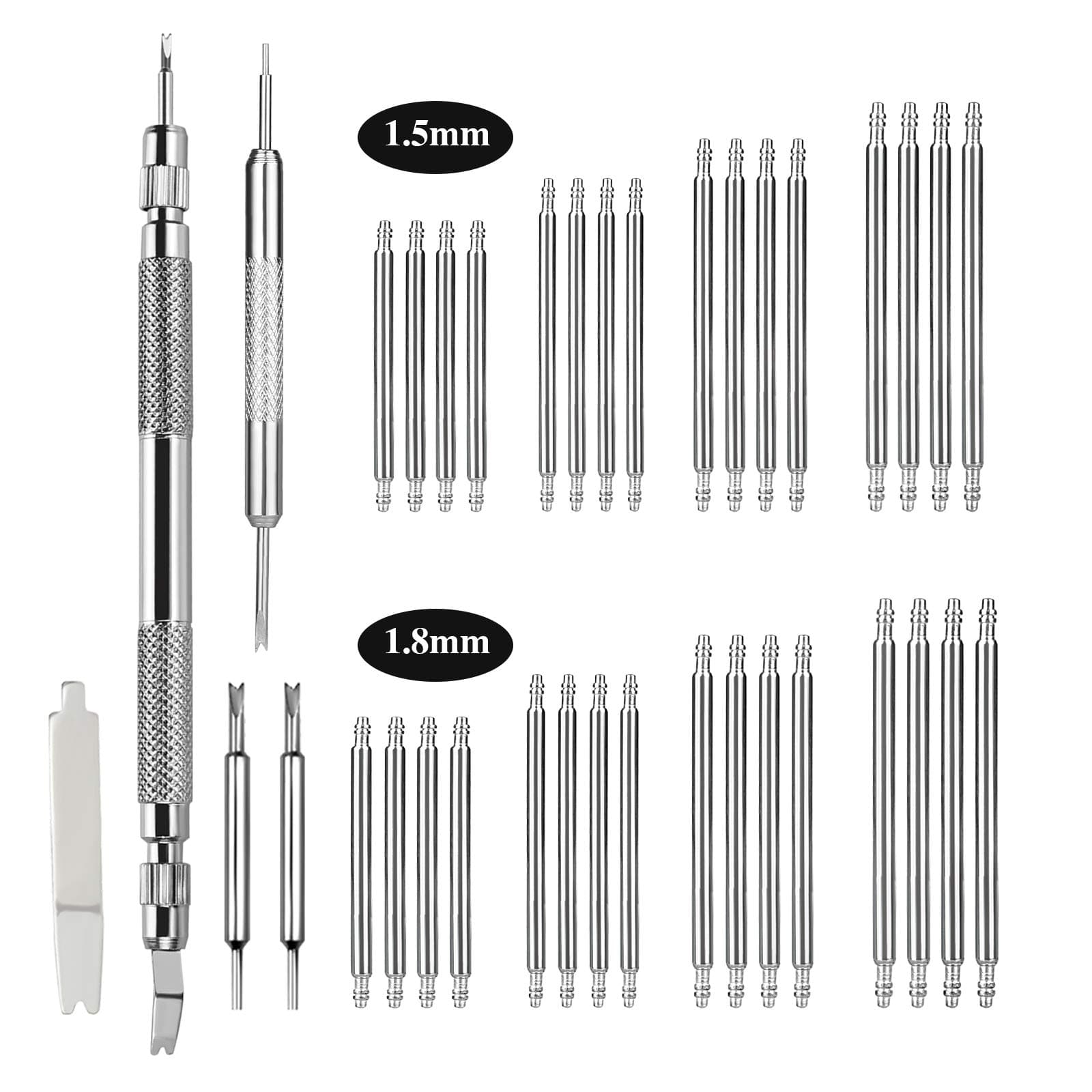 Watch Band Pins Kit -Watch Spring Bar Replacement-Bands Strap Removal Repair tool with 3 Extra Tips Pins & 32PCS Heavy Duty 316 Stainless Steel Watch Pin(18mm-24mm)