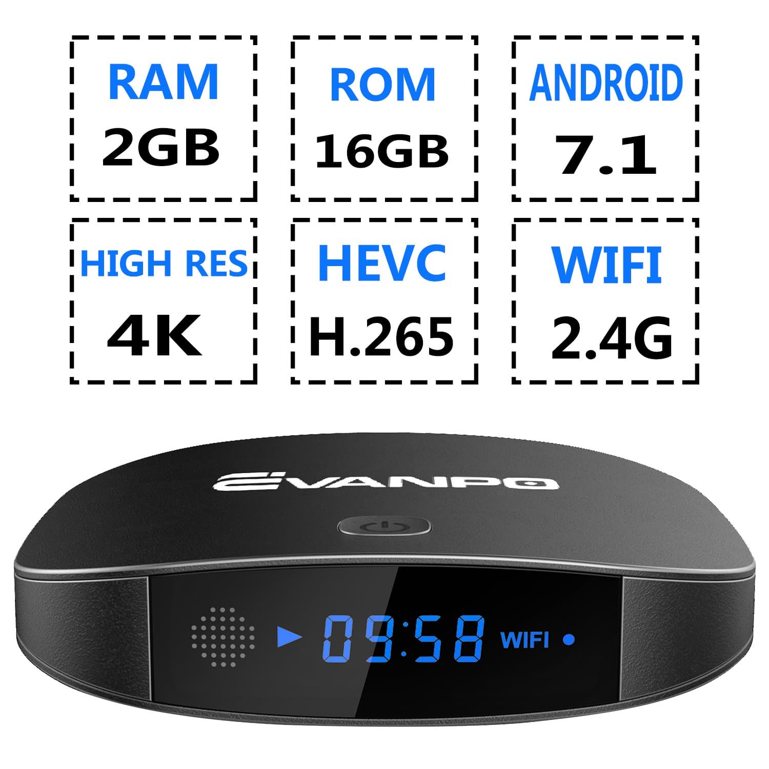 EVANPO Android 7.1 Smart TV Box Quad Core CPU 2GB 16GB with 3D/4K/2.4GHz WiFi/H.265/BT 4.0 Google TV Box Android Mini PC Media Player Set Top Box