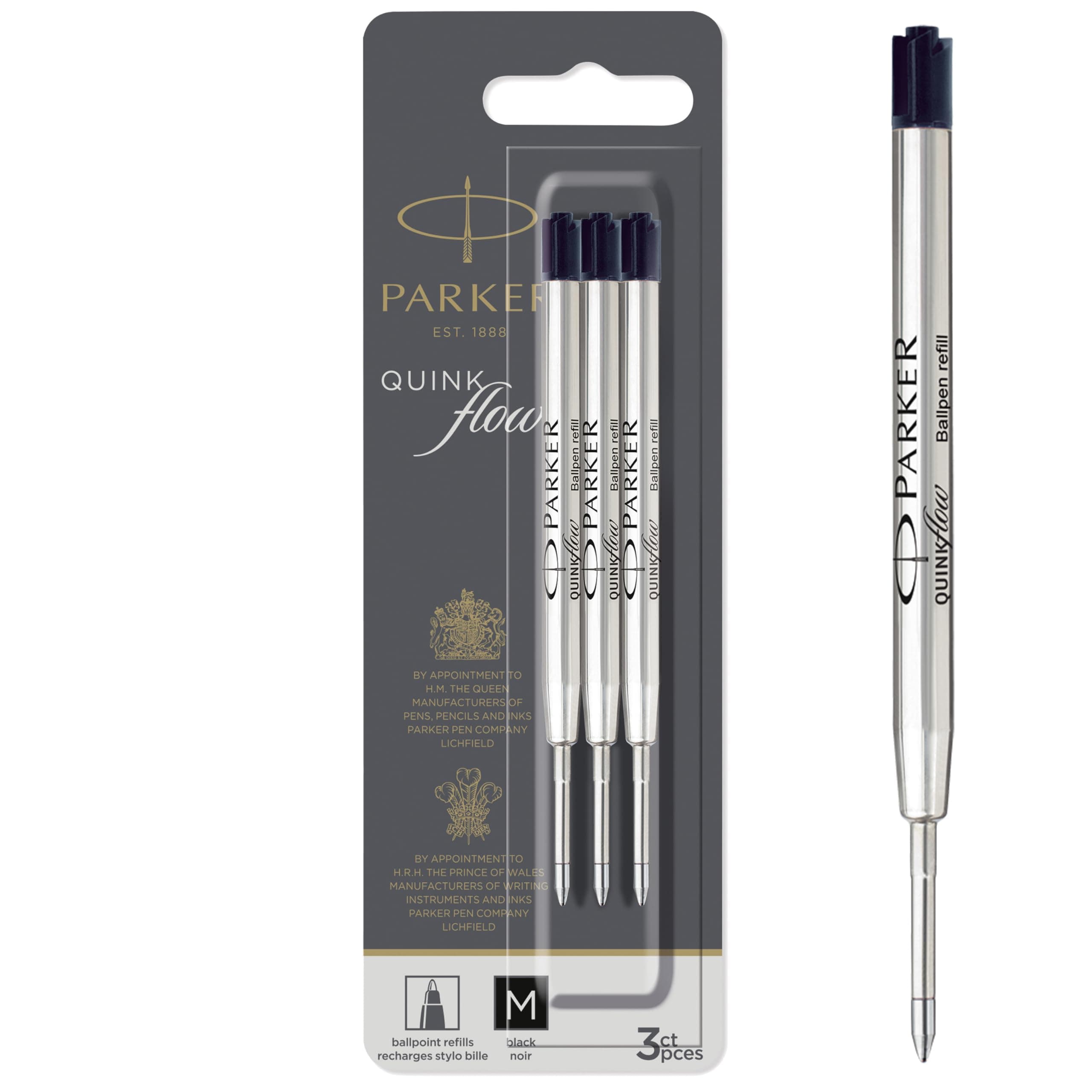 Parker QUINKflow Ballpoint Pen Ink Refills, Medium Tip, Black, 3 Count - For Everyday Writing