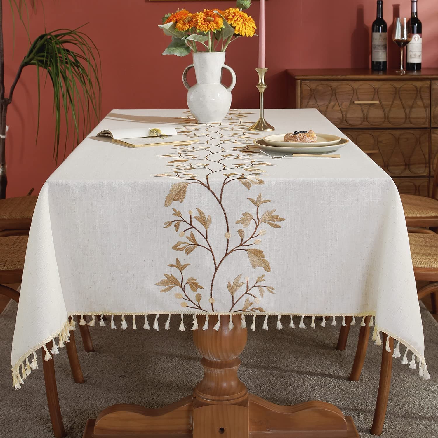 Azonee Cotton Linen Tablecloth for Dining Table Farmhouse Kitchen Rectangle Table Cloth Coffee Table Cover, Beige, Coffee Flower, 55x55 Inch