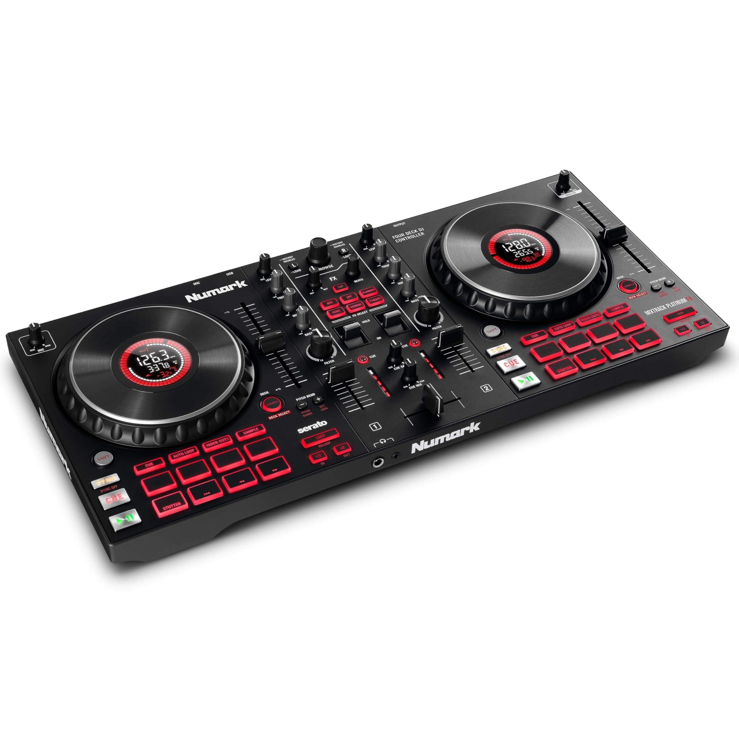 Numark Mixtrack Platinum FX Serato DJ Controller with Jog Wheel Displays, 4 Decks, Mixer, Effects Paddles and Audio Interface