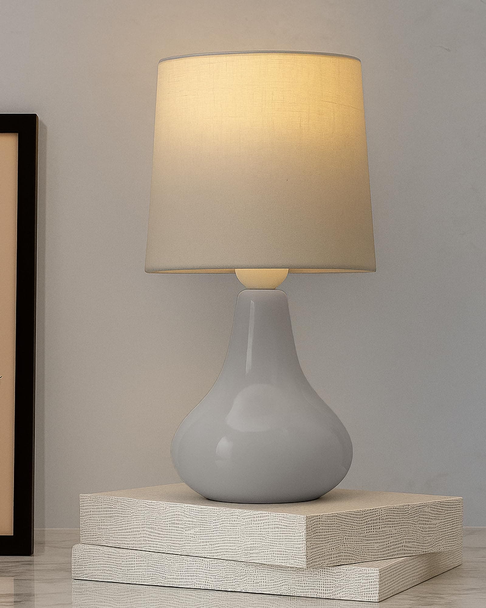 Homesake® Modern Small Ceramic LED Table Lamp, Classic Bedside Desk Lamp for Living Room Bedroom, Farmhouse Nightstand Lamps with Fabric Shade (Gray)