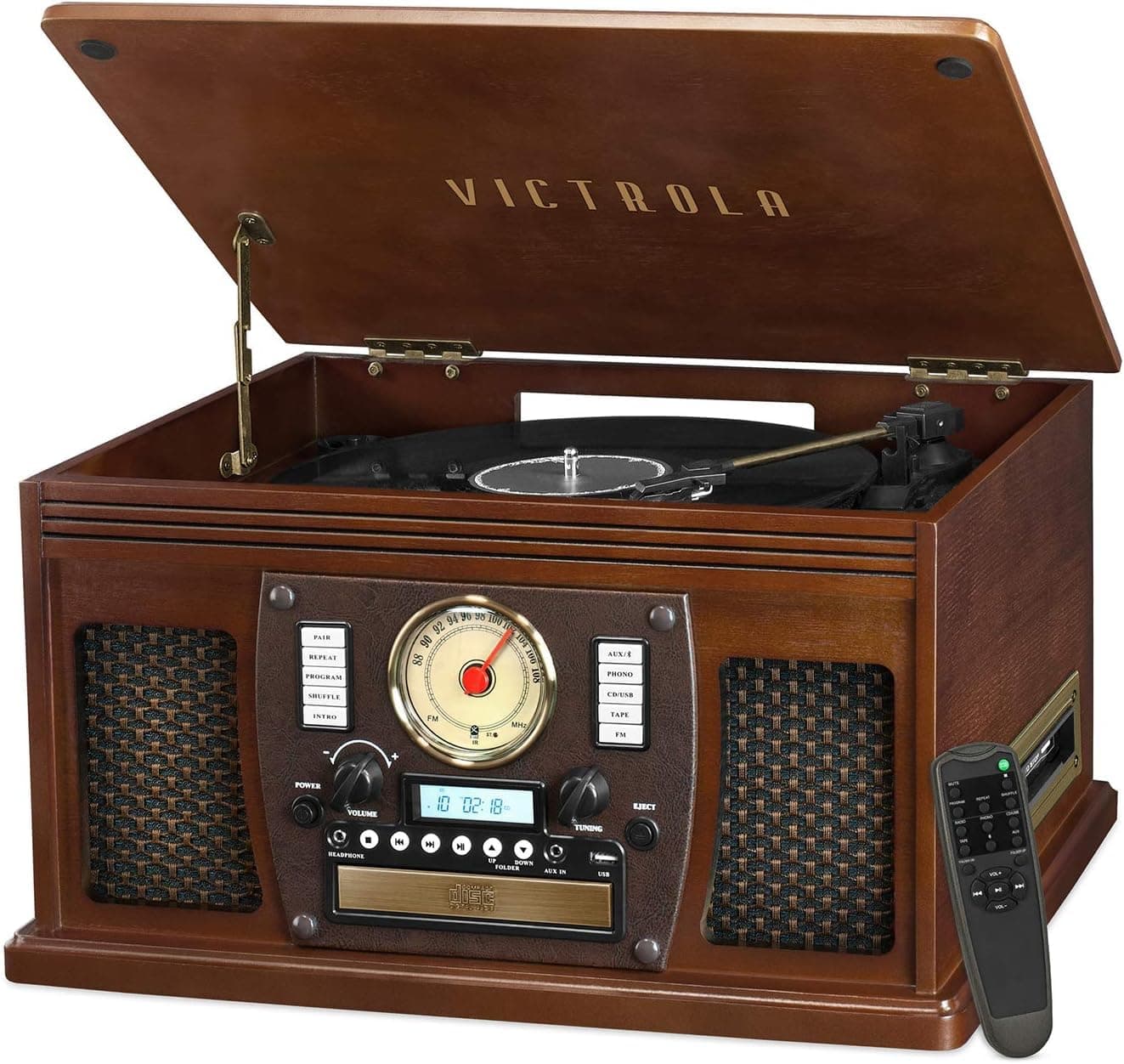 Victrola Navigator 8-in-1 Bluetooth Record Player with Built-in Speakers– 3 Speed Turntable, CD Player, Cassette, FM Radio, USB, RCA Out, Headphone Jack, Wireless Music Streaming, Real Wood (Espresso)