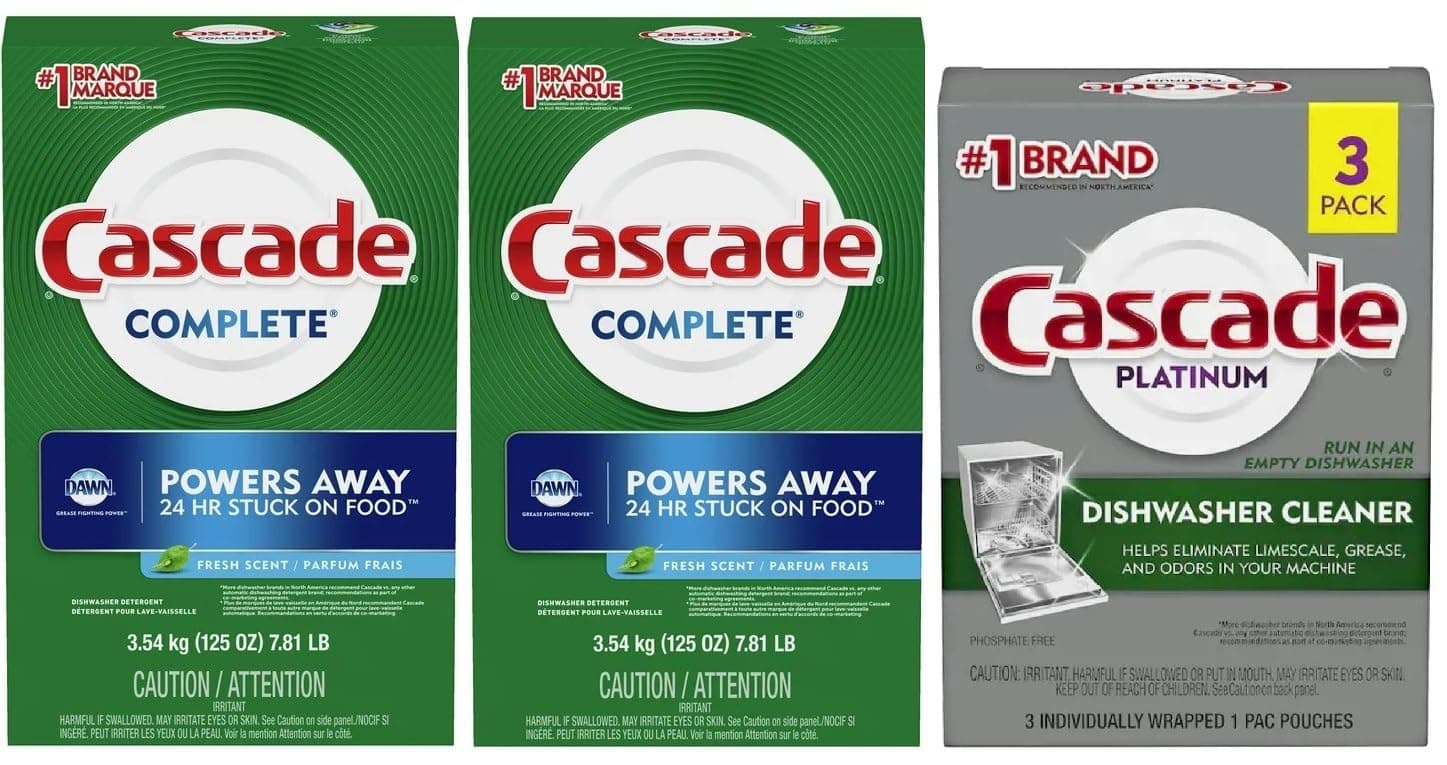 CascadeComplete Powder Dishwasher Detergent, Fresh Scent, 125 oz (Pack of 2) with Platinum Dishwasher Cleaner, 3 count Bonus Pack