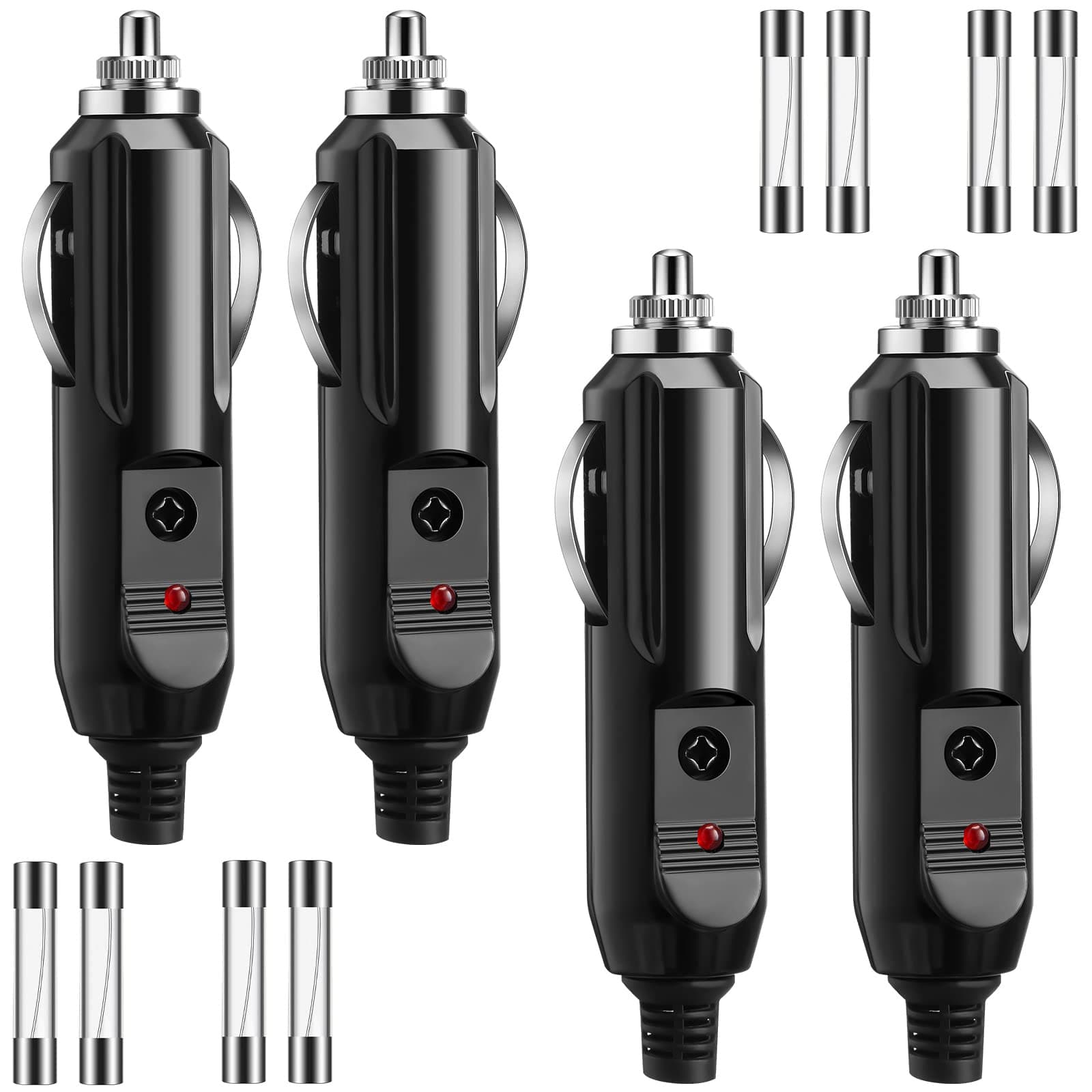 4 Pack 12V Cigarette Lighter Male Plug 15 Amp 24V Aux Socket Cigarette Lighter Plug Replacement with Red LED Light 8 Pieces 15A 20A Replacement Fuse for Vehicle Car Refrigerator