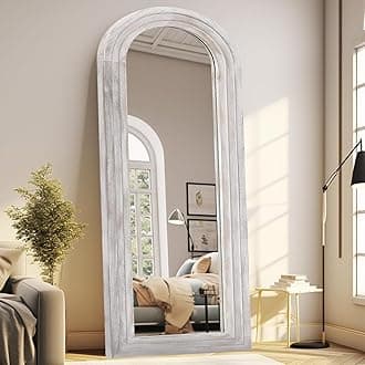 Arched Full Length Mirror with Solid Wood Frame, 65x22 Farmhouse Wall Mirror Full Length with Stand, Vertical Hanging, Leaning Standing for Bedroom, Living Room, Rustic White