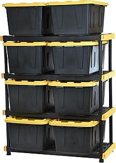CX Black & Yellow®, Shelving Unit and Heavy Duty Storage Containers, Extremely Durable® (Shelf + 27 Gallon Container (8-Pack)