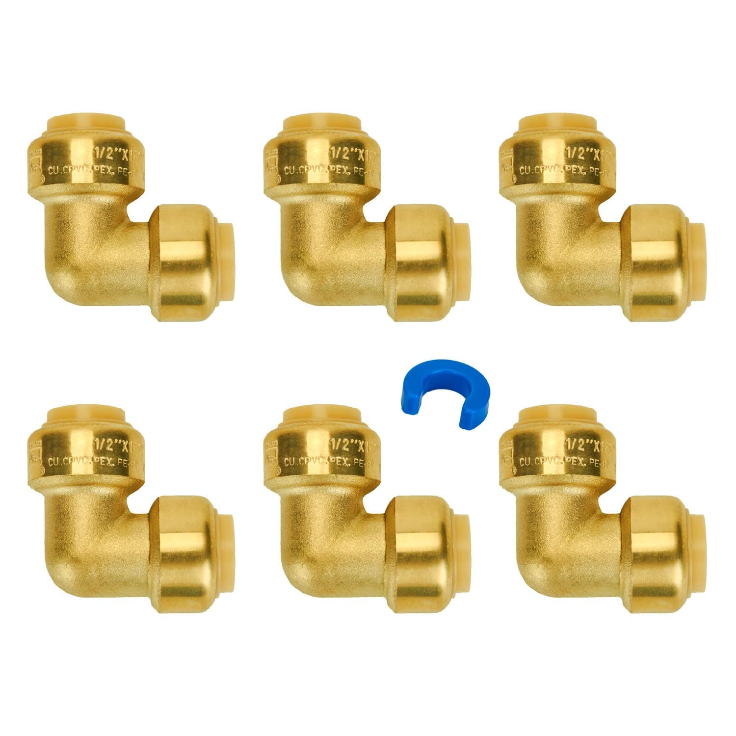 1/2 Inch 90 Degree Elbow, Push Pex Elbow 1/2 Inch, No Lead Brass Push-to-Connect 90 Degree Plumbing Fittings for Pex Pipe, Copper, CPVC, with 1 Disconnect Clip, Pack of 6