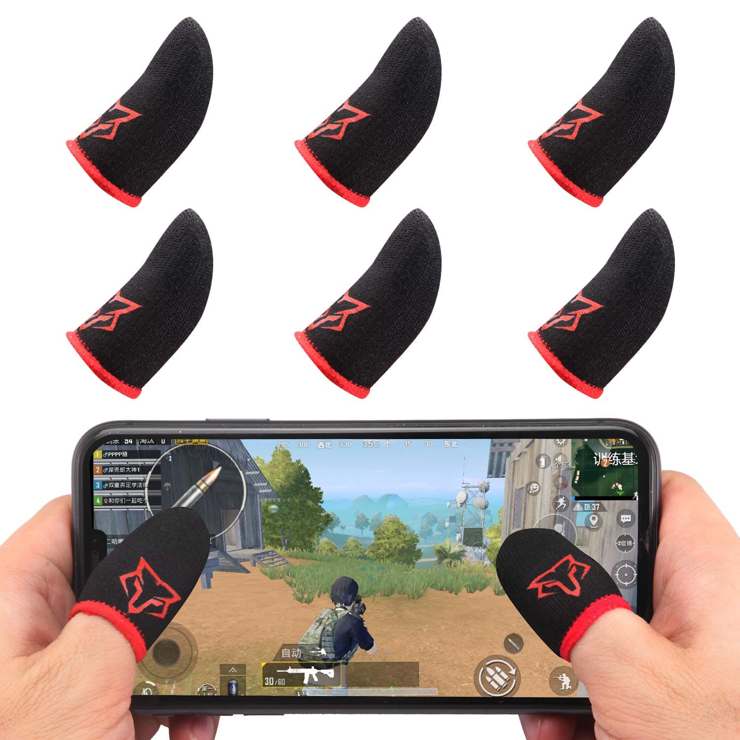 Sarafox Mobile Game Controller Finger Sleeve Sets [6 PCs],Anti-Sweat Breathable Touchscreen Finger Sleeve for Mobile Phone Games for PUBG/Mobile Legends/Knives Out(Black Red)