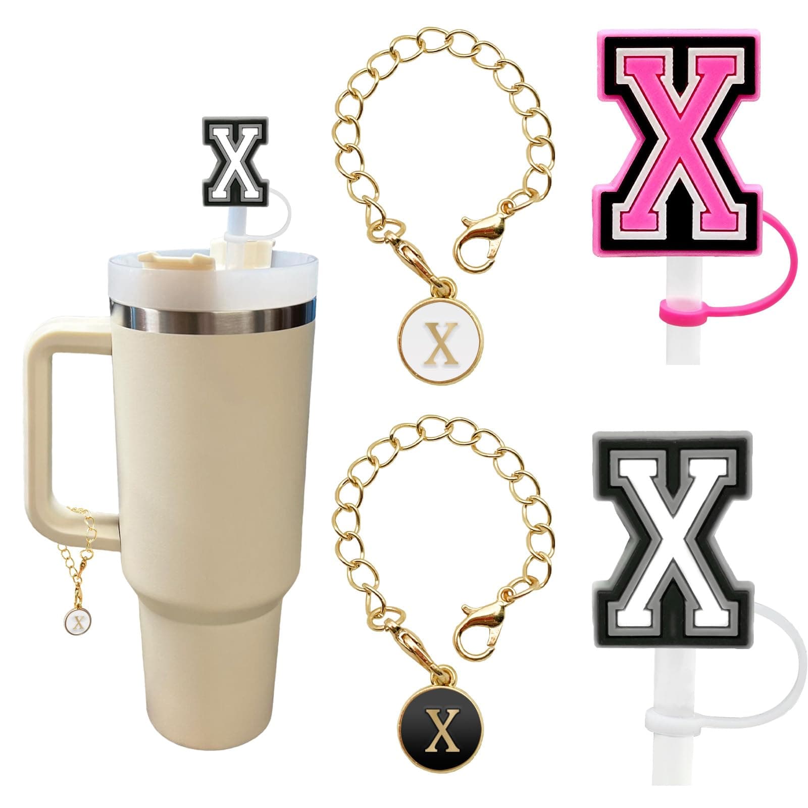 (2+2)2PCS Straw Cover for Stanley Cup 30&40 Oz 10mm Straw Topper with 2PCS Stanley Cup Accessories Letter Charms Name ID Initial Letter Handle Personalized Charm For Stanley Tumbler (Letter X)