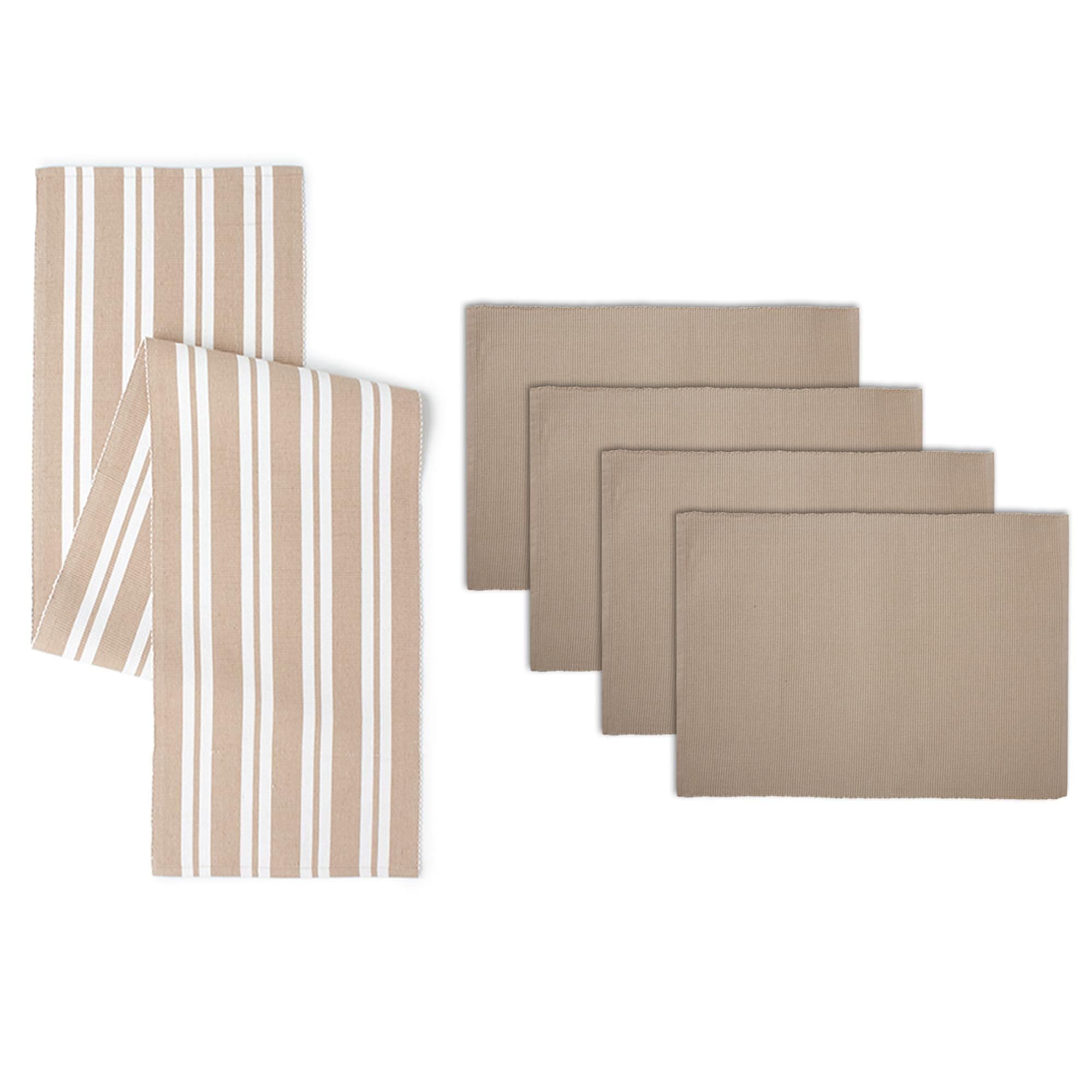 Encasa XO Table Runner And Placemats Set 4 | Fine Ribbed Cotton | Franca Beige | 1 Table Runner Size 32X150 Cm & Each Table Mat Size 48X32 Cm, Medium