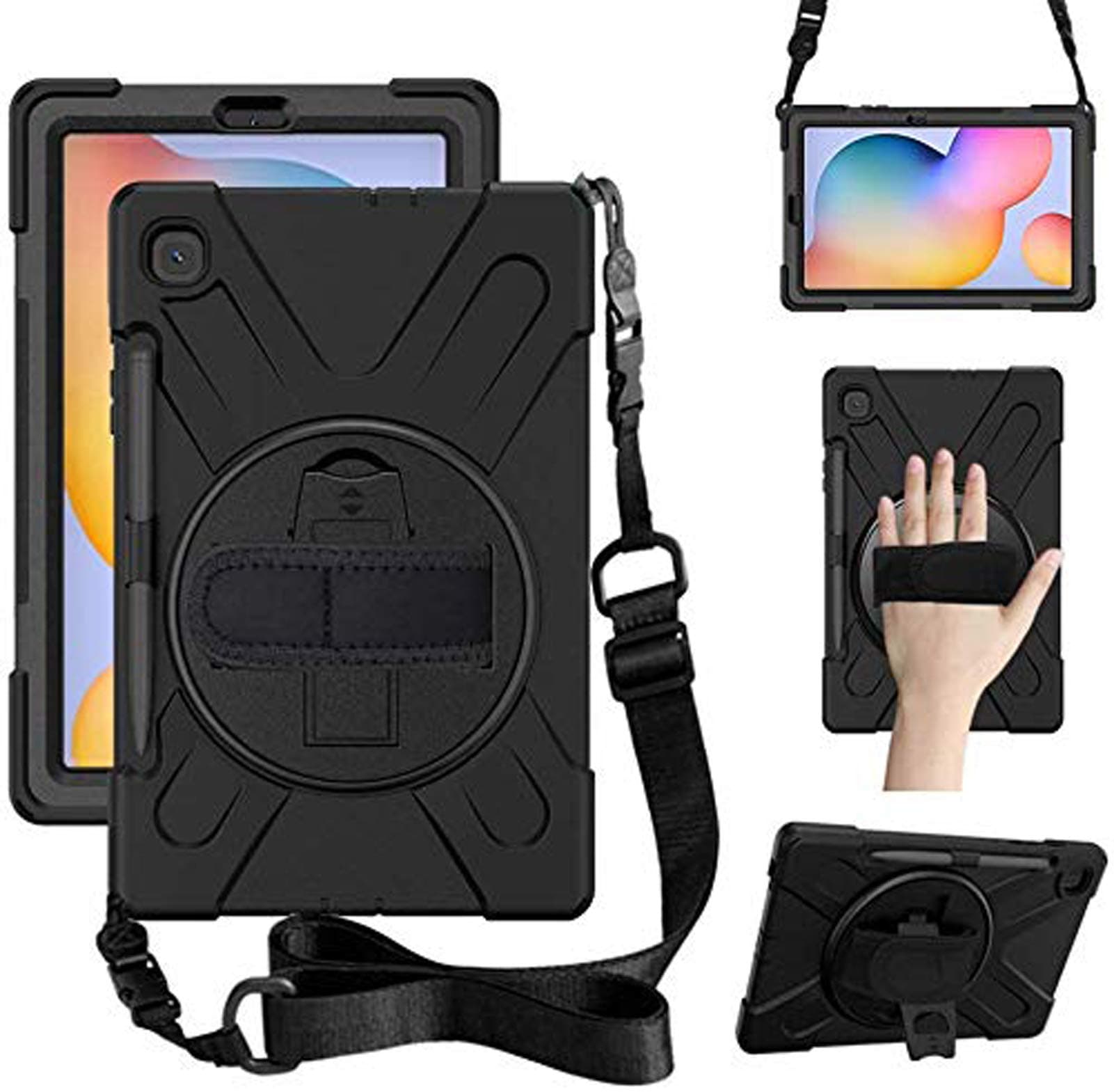 Herize Case Cover For Samsung Galaxy Tab S6 Lite 10.4 Inch 2024/2022 SM-P620/P625/P613/P619 SM-P610/P615 Case with Pen Holder | Heavy Duty Shockproof Protective Cover with Stand Shoulder Strap Black