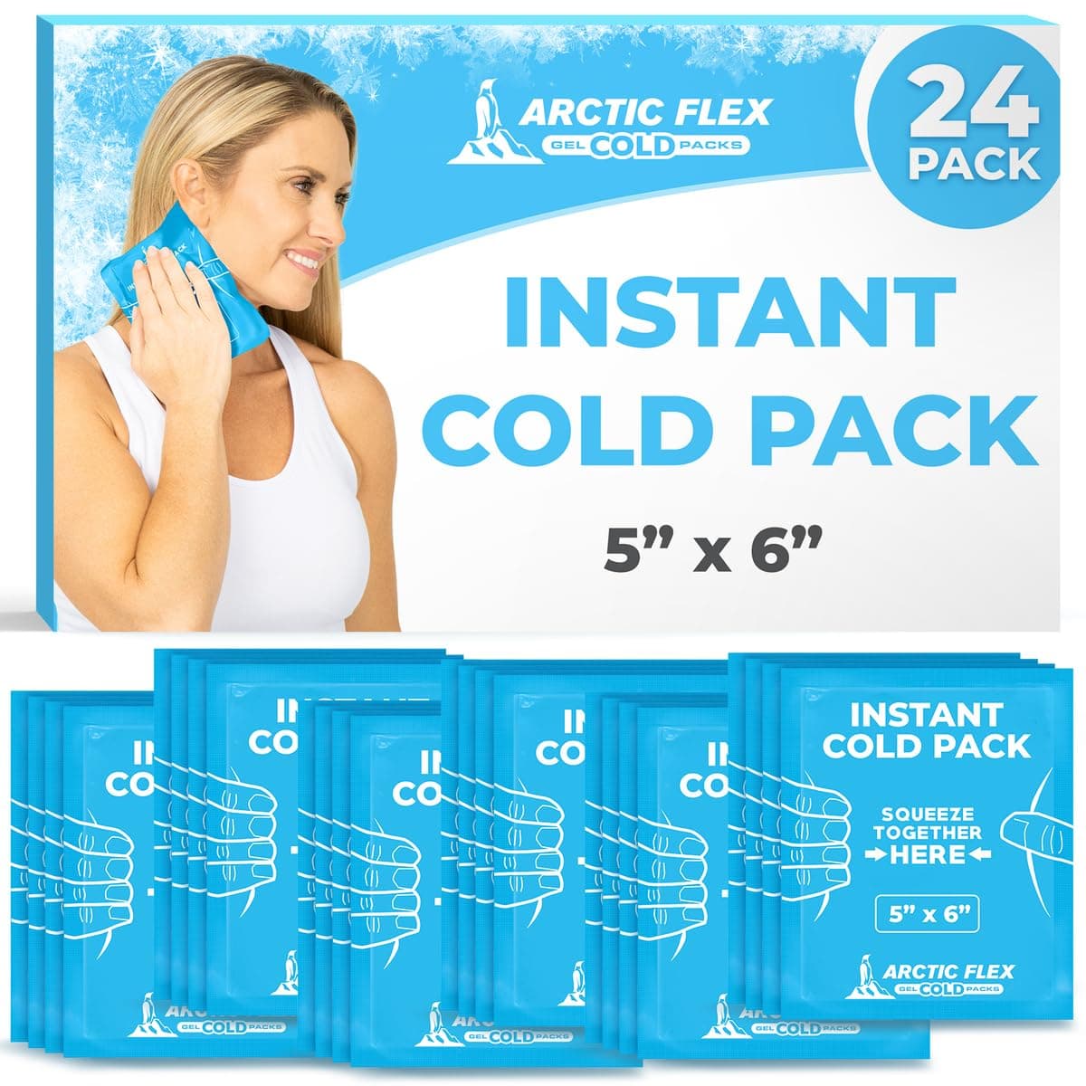 Arctic Flex Instant Cold Packs (24 Pack) - Disposable Single Use Ice for Injuries, Pain Relief, Inflammation and Swelling - Portable for First Aid, Sports, Travel, Camping - 5" by 6" Therapy Compress