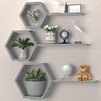 Hexagon Floating Geometric Honeycomb Shelves - Hexagon Floating Shelves Wall Mounted, Honeycomb Wall Shelves Set of 6, Geometric Floating Shelves for Wall Decor, Grey Honey Comb Shelves for Home