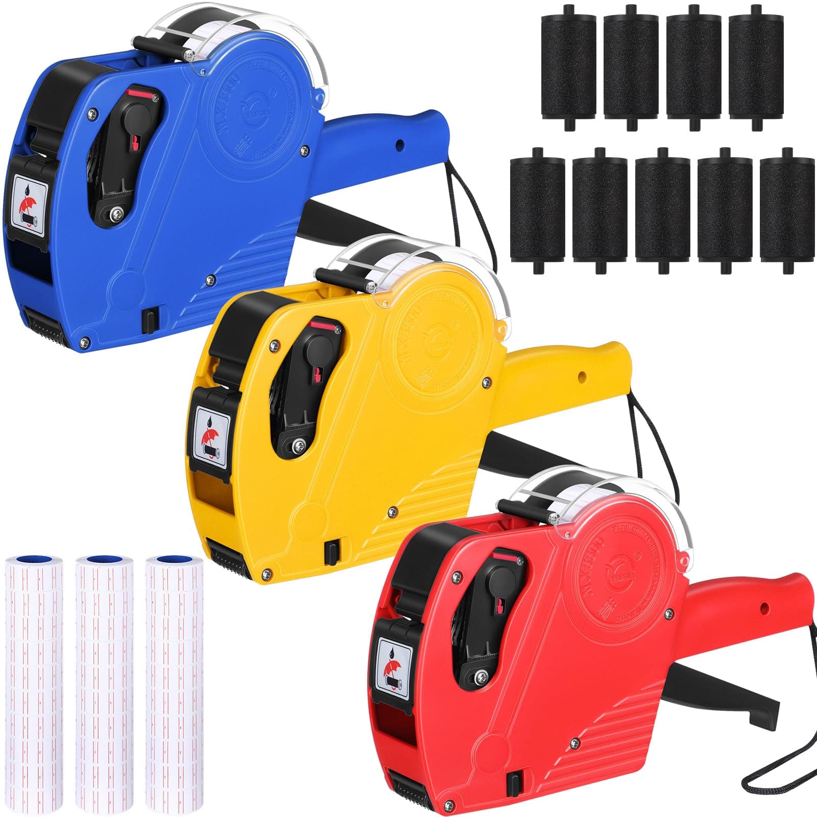 3 Pack 8 Digits Price Tag Gun Label Pricing Gun Kit with 12000 Labels & 9 Ink Rollers for Retailer Supermarket Grocery Store Food(Red, Blue, Yellow)