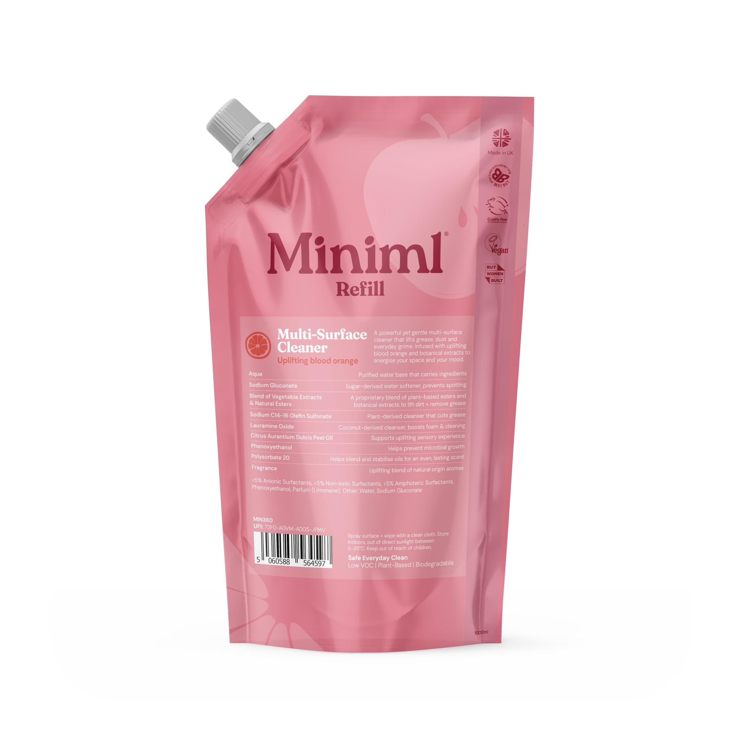 Eco Multi Surface Cleaner General Purpose 1L Refill Blood Orange Scented for Cleaning All Surfaces Floors Walls Glass Kitchen Bathroom Natural Plant Based Vegan Formula & Cruelty Free