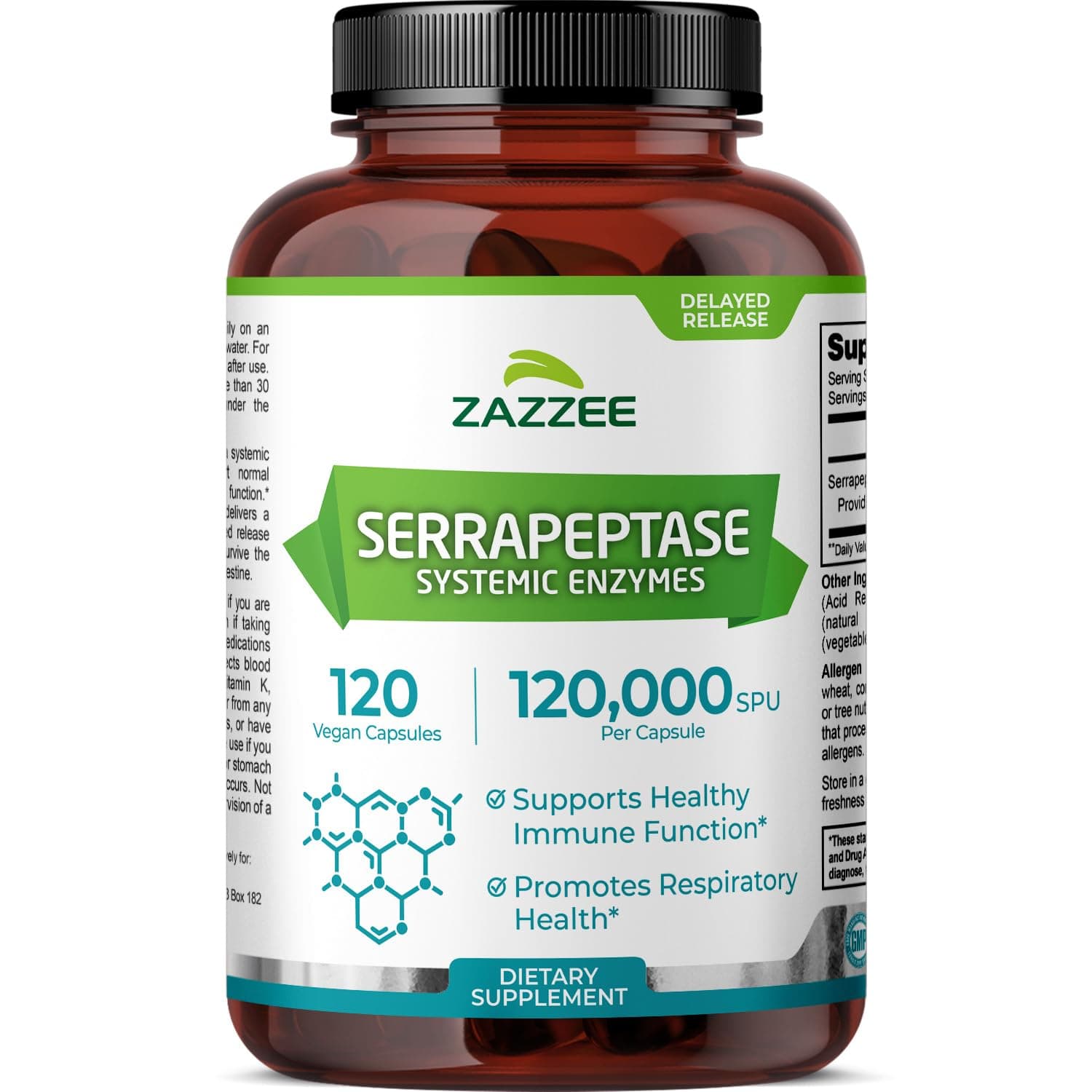 - Zazzee Delayed Release Serrapeptase, 120,000 SPU per Capsule, 120 Vegan Capsules, 4 Month Supply, Extra Strength, Potent and Concentrated Systemic Enzymes, 100% Vegetarian, All-Natural and Non-GMO