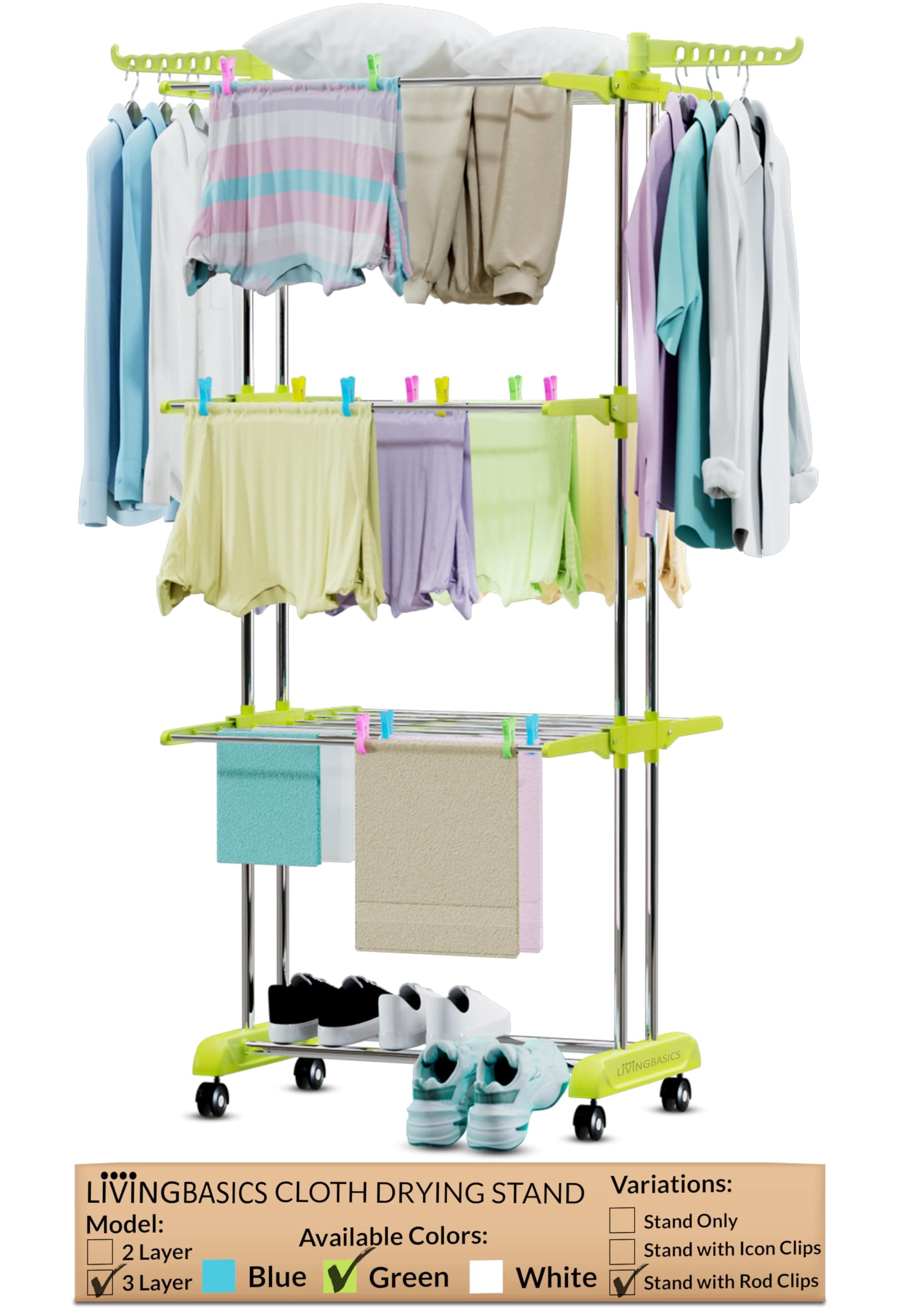 LIVINGBASICS 18 Clips with 3 Layer Clothes Stand for Drying/Cloth Drying Stand/Cloth Stand for Drying Clothes Foldable/Cloth Drying Stand for Balcony/Stainless Steel Dryer Rack (Lime Green)