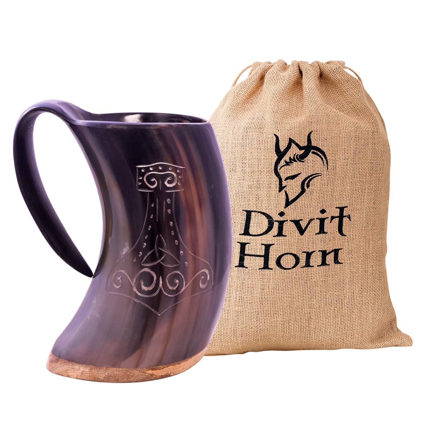 Divit Genuine Viking Drinking Horn Mug | Authentic Medieval Beer Horn Tankard | 24oz capacity horn Cup/Stein. (Mjolnir, Polished)