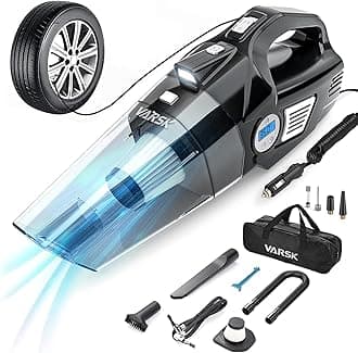 VARSK 4-in-1 Car Vacuum Cleaner High Power, Tire Inflator Portable Car Vacuum with Digital Tire Pressure Gauge LCD Display and LED Light, 12V DC, 15FT Cord, Essential Accessories for Men Women