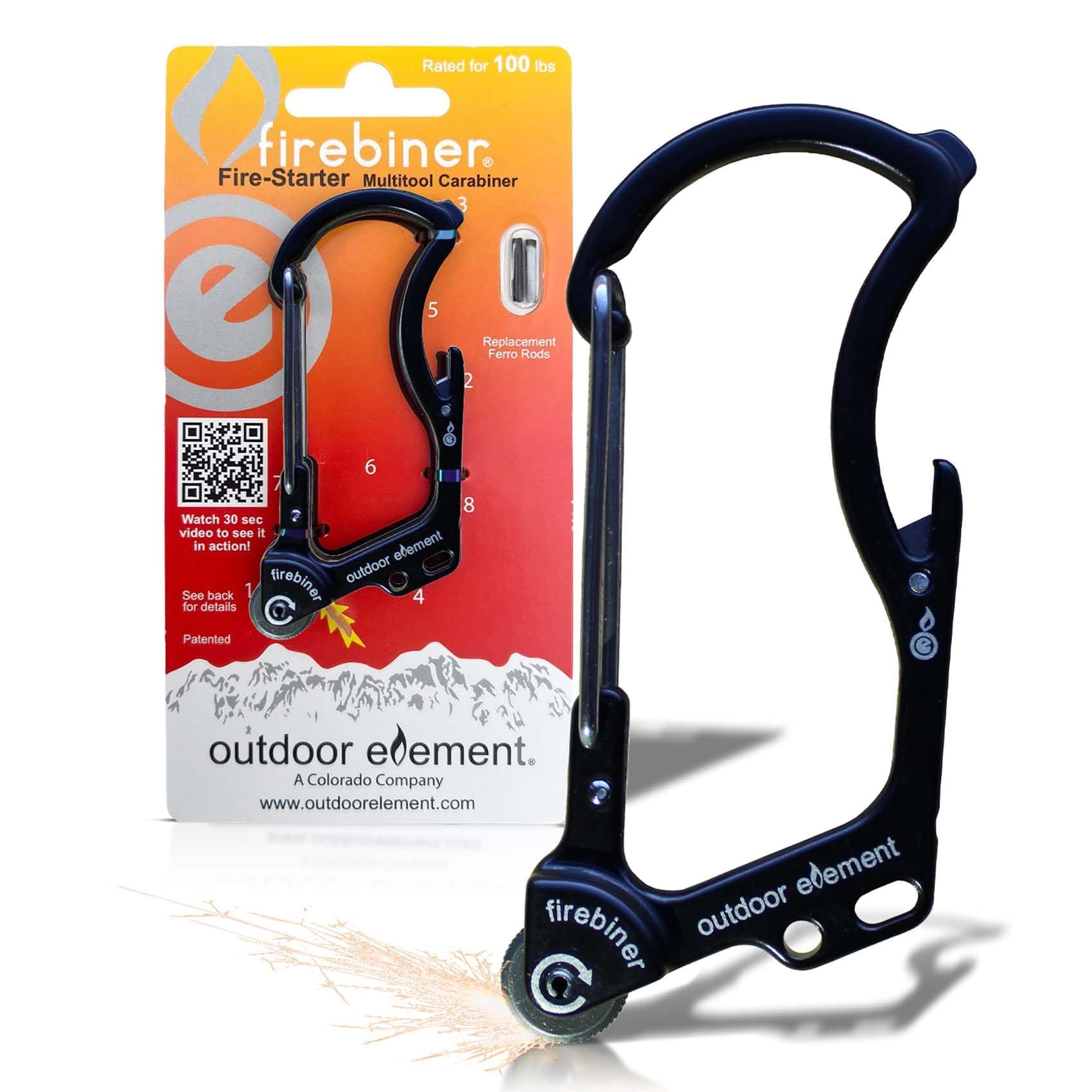 OUTDOOR ELEMENT Firebiner 6-in-1 Fire-Starting Carabiner EDC Emergency Multitool -Keychain,Utility Blade,Bottle Opener,& more