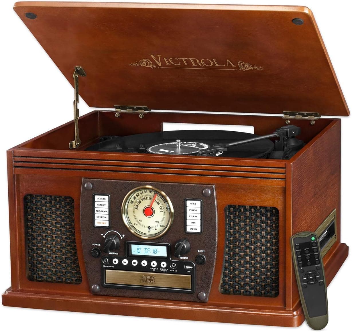 Victrola Navigator 8-in-1 Bluetooth Record Player with Built-in Speakers– 3 Speed Turntable, CD Player, Cassette, FM Radio, USB, RCA Out, Headphone Jack, Wireless Music Streaming, Real Wood (Mahogany)