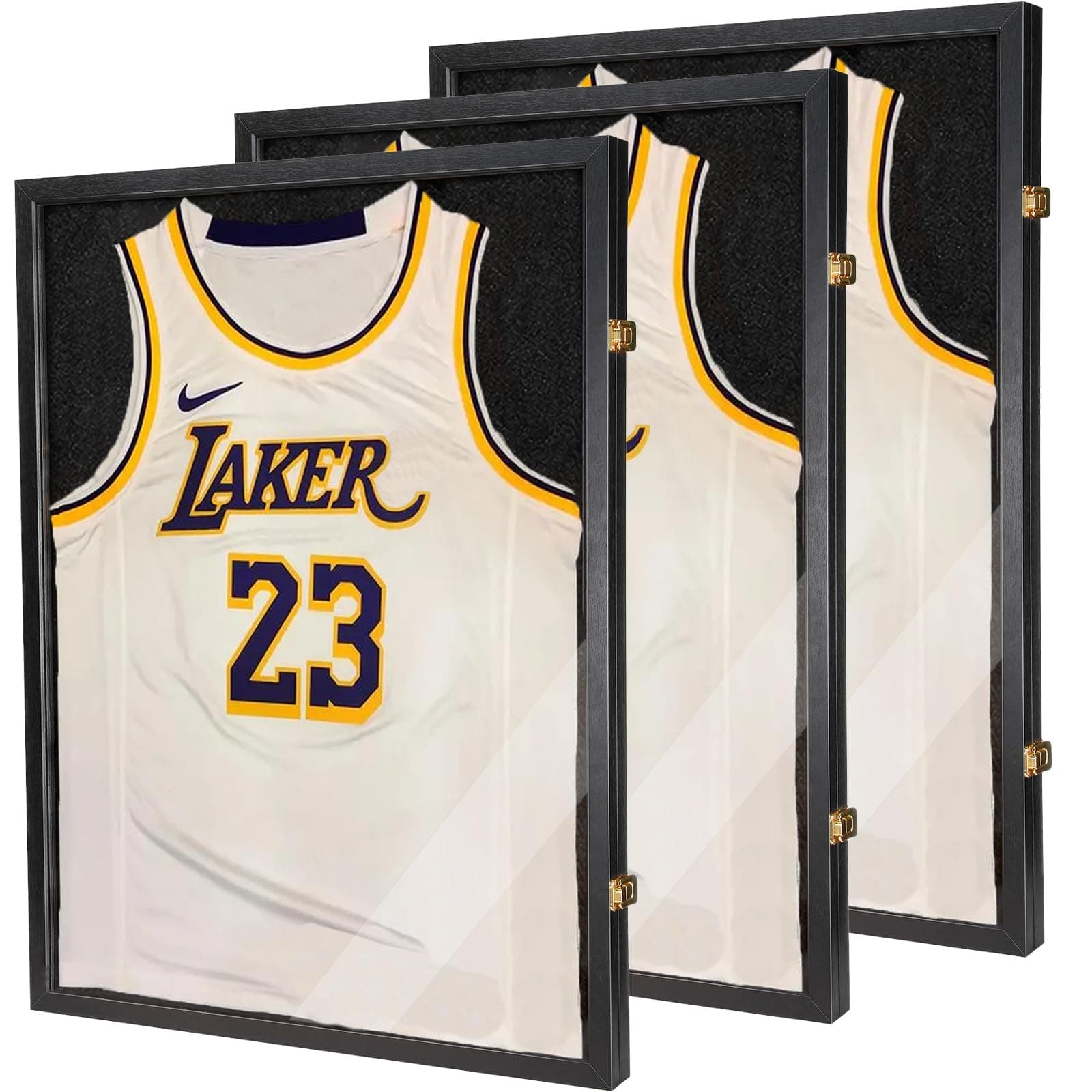 Jersey Wooden Frame Display Case -Shadow Box with 98% UV Protection Acrylic and Hanger for L or XL Baseball Basketball Football Hockey Sport Shirt and Uniform (Black, 3 Packs)