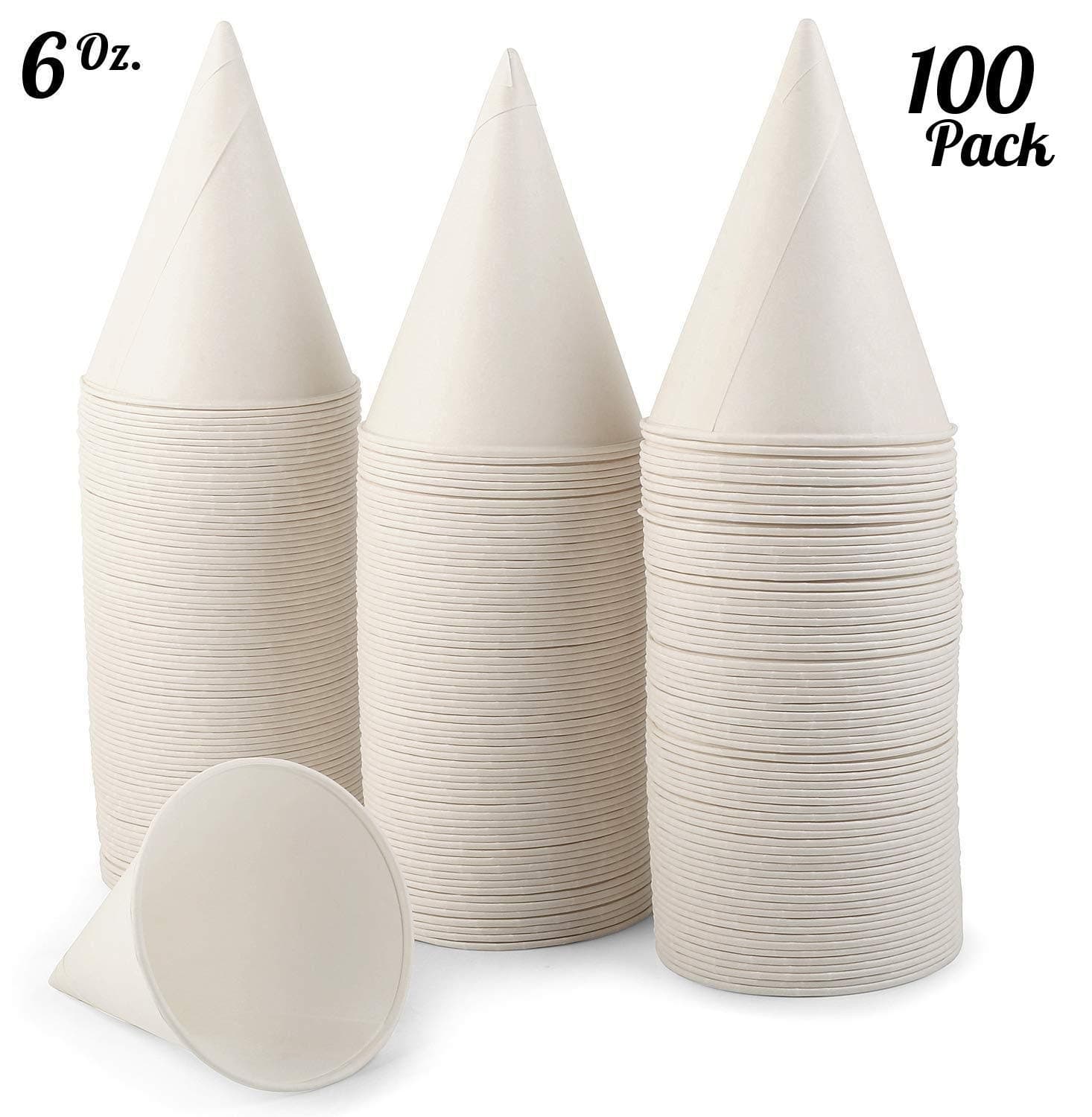 [100 Pack] 6 OZ. White Paper Snow Cone Cups, Disposable Wax Coated Leakproof Shaved Ice Cups, Great Use For Office Water Coolers, Crafts Or As Funnel Cups For Oil Or Protein Drinks.