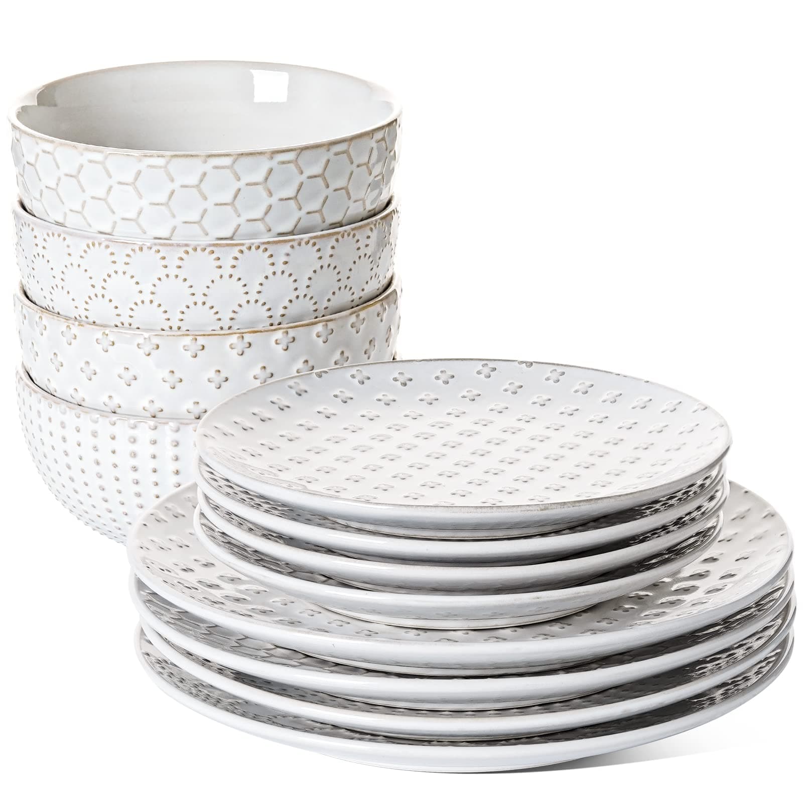 Plates and Bowls Sets for 4, 12 Piece Ceramic Dinnerware Sets, Modern Stoneware Kitchen Dish Set, Chip Resistant, Microwave & Dishwasher Safe, Embossed, Arctic White