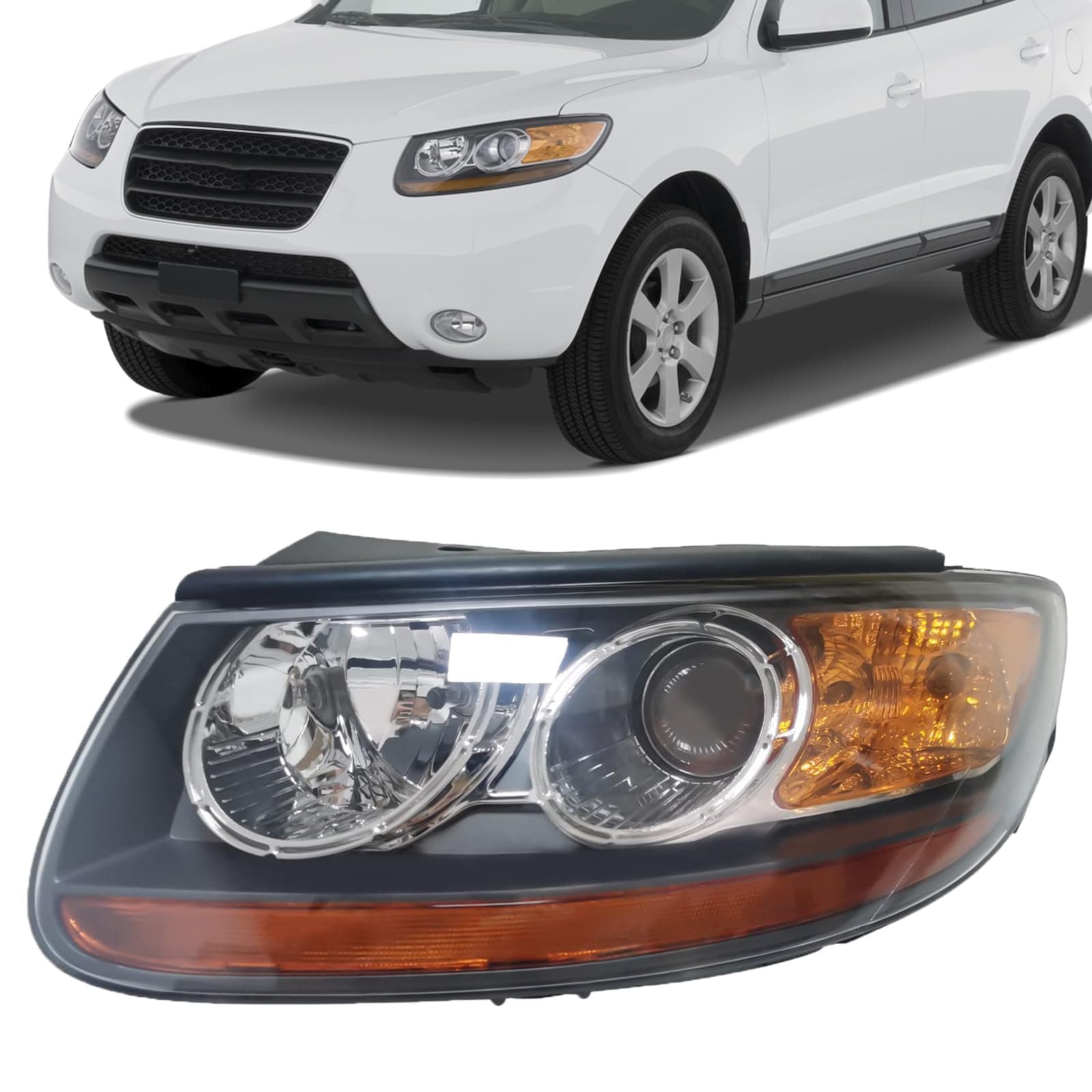 Front Headlight for 2007-2012 Hyundai Santa Fe Halogen Headlight, 921010W100 921010W500 Front Headlamp Replacement Assembly（Driver Side Headlight）