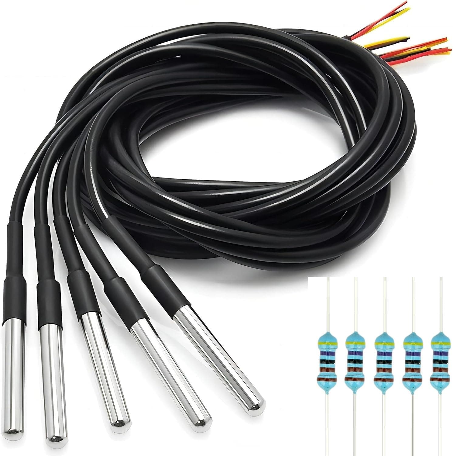 WWZMDiB 5 Pcs DS18B20 Temperature Sensor Probe High-Accuracy Waterproof Equipped with 5 Pcs 4.7K resistors for Arduino Raspberry Pi DIY