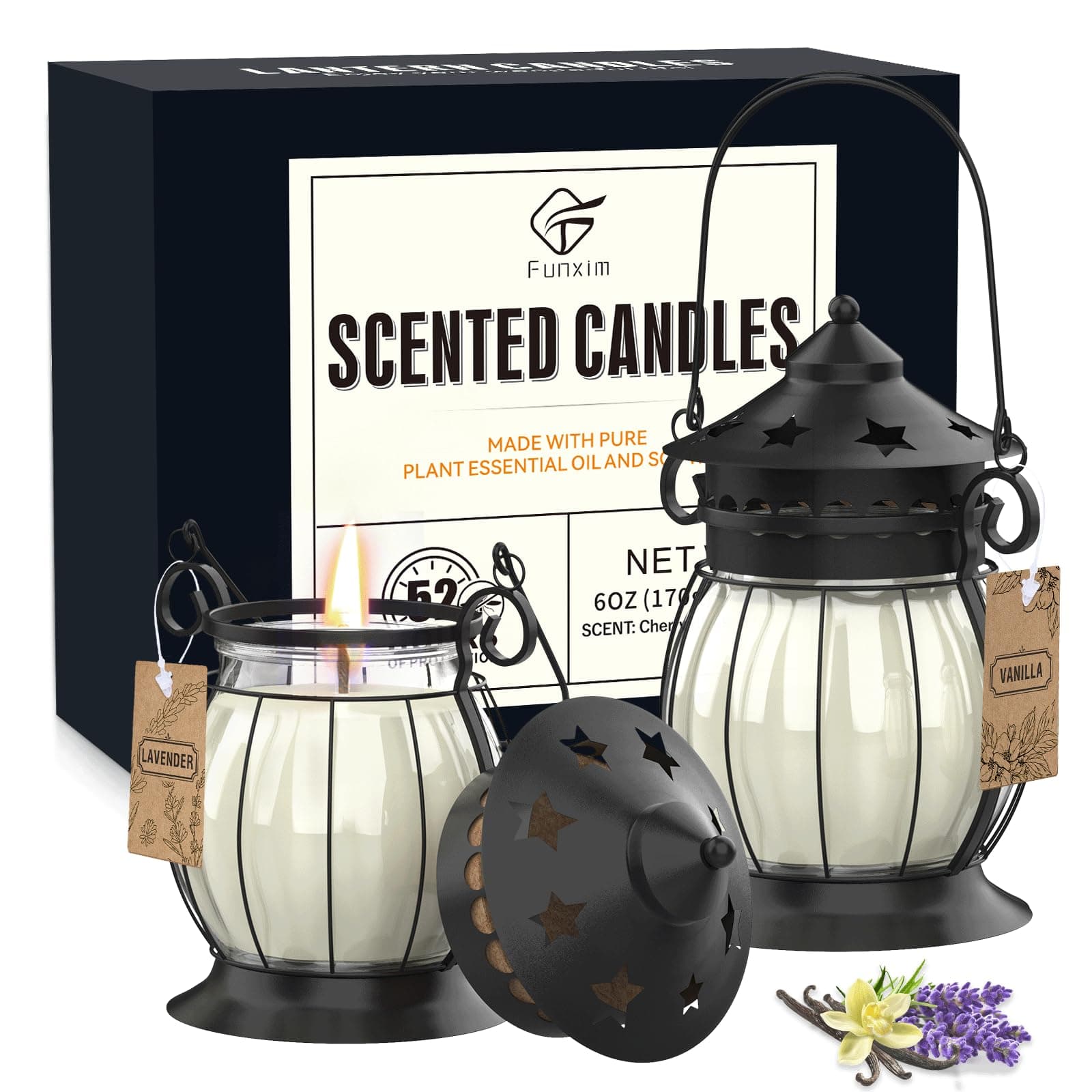 Scented Candles Gift Set, 2 Pack 6 Oz Natural Soy Candles of Lavender, Vanilla, Long Burning Retro Lantern Jar Aromatherapy Candles Perfect for Stress Relief, Mum, Birthday, Yoga,Weddings,Christmas