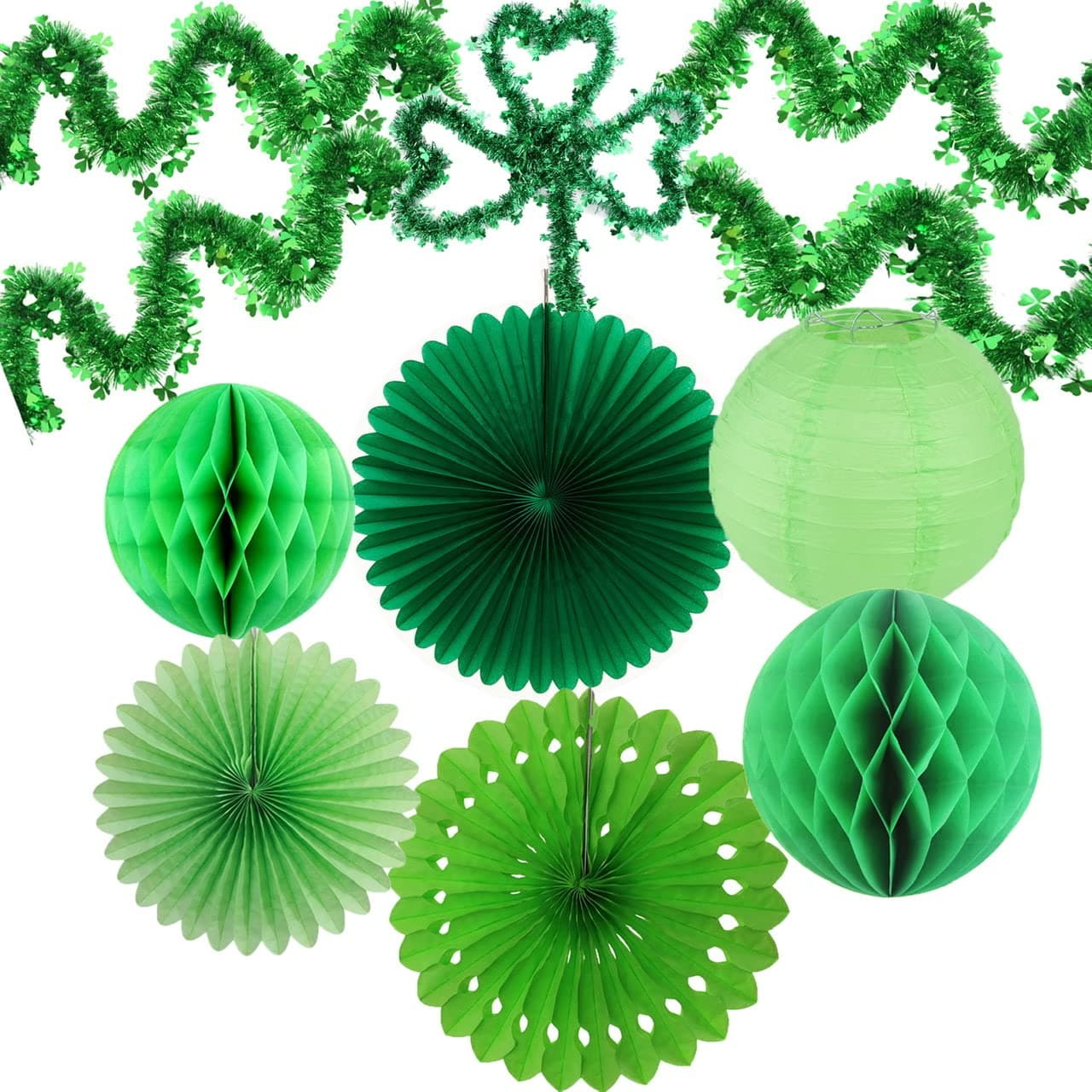 LWJ St Patricks Day Decorations Kit - 4 Pack 6.6 Feet Irish Shamrock String Banner Decorations and 6 Set Green Hanging Paper Flower for Irish Party Decorations, 24x14cm