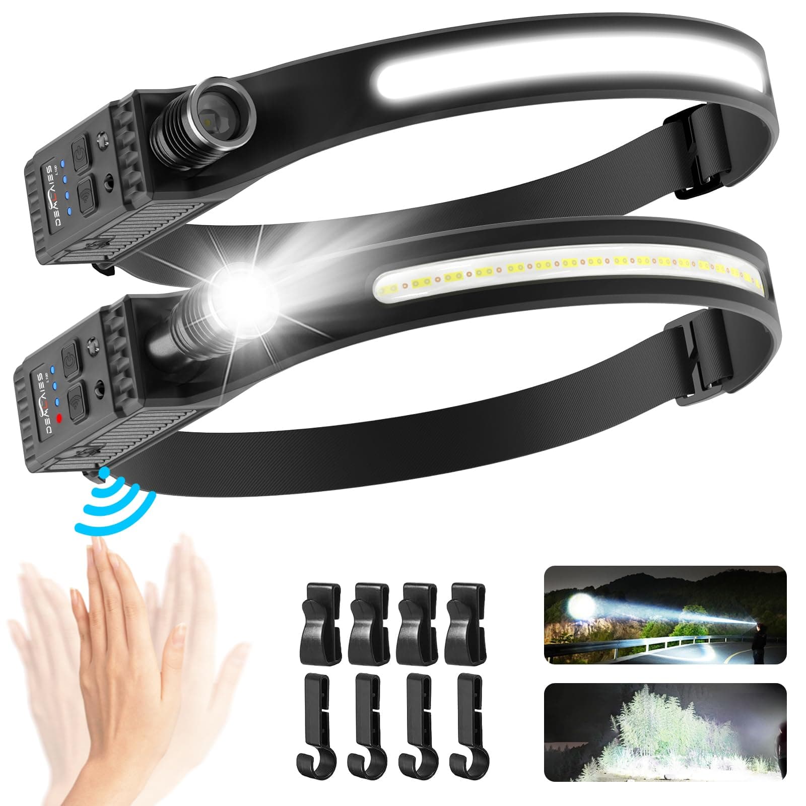 Head Torch Rechargeable, [2 Pack] Super Bright 230° Wide Beam Adjustable Focus Headtorch, 30 Hrs Runtime, 8 Modes with Motion Sensor, Waterproof Lightweight Headlamp for Camping Running Fishing