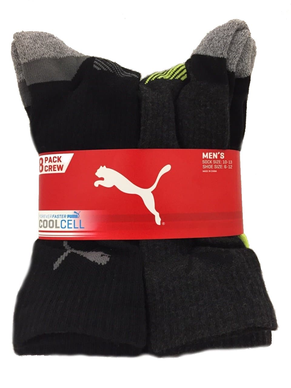 Mens Cool Cell Crew Socks, 8-pack, Sock Size 10-13, Shoe Size 6-12 (Black/Gray)