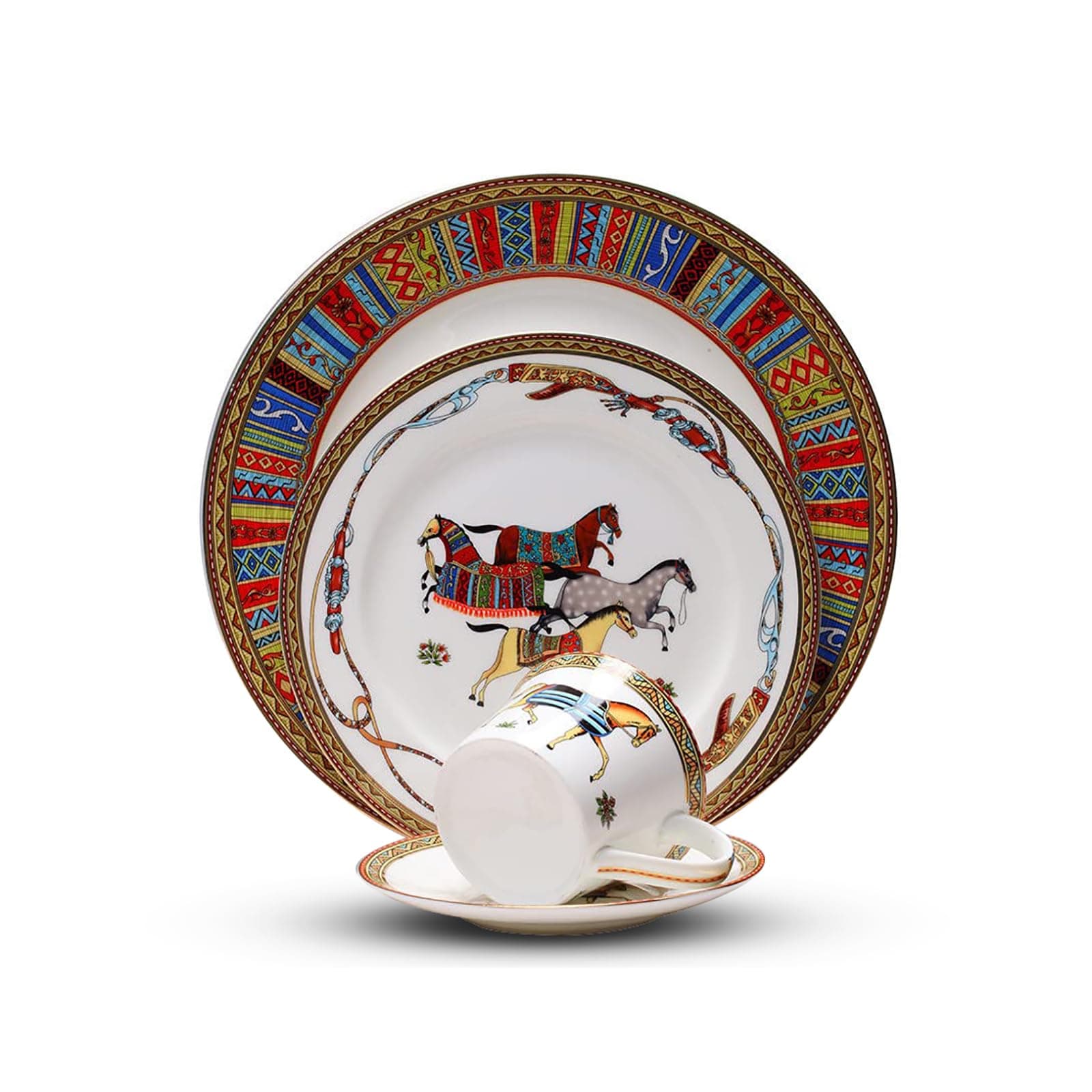 16-piece bone china dinnerware set for 4, red horse pattern round dinner plates, fine dish set for 4 with coffee cup for dinning, suitable for microwave,oven,dishwasher (dinneware set for 4 people)