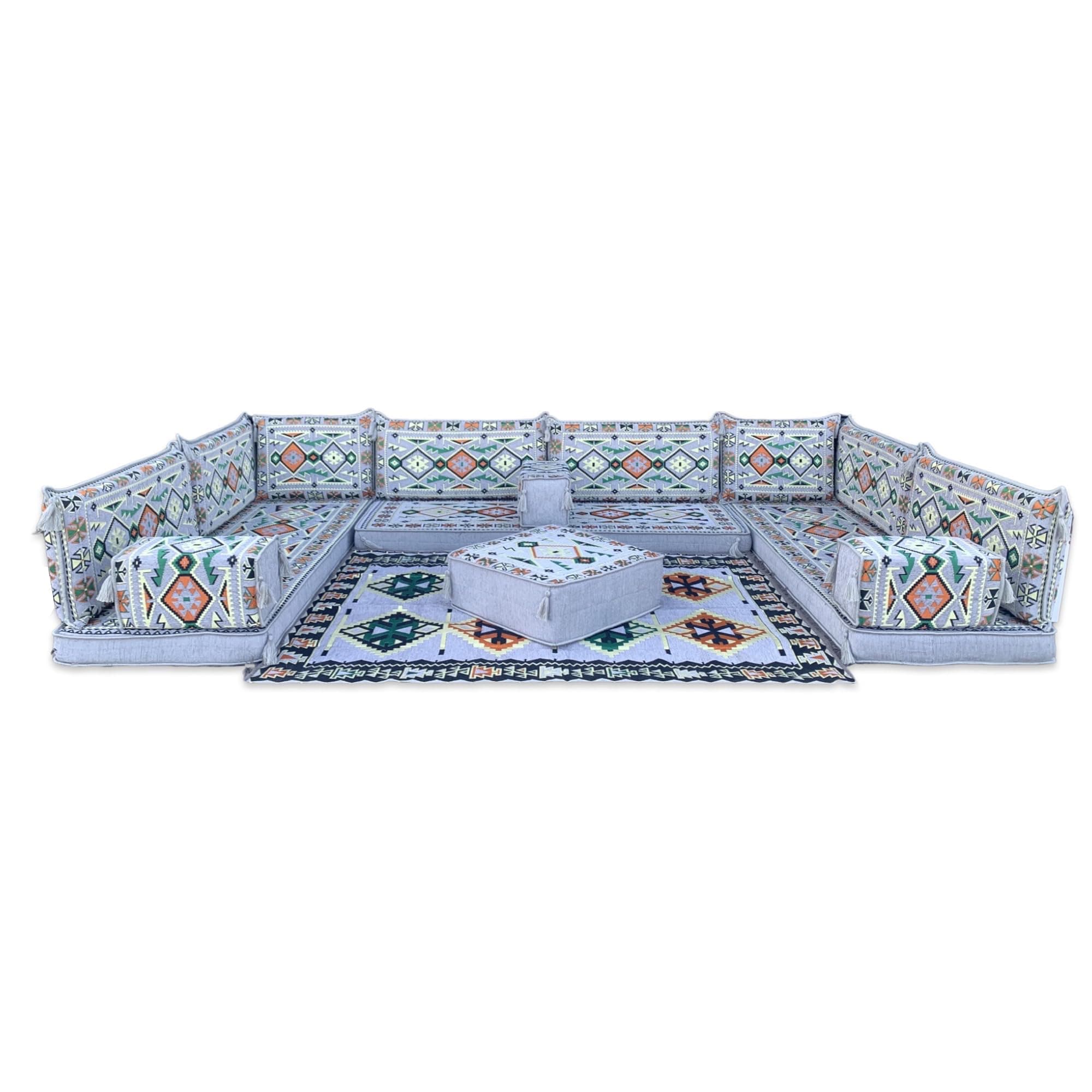 Moroccan Floor Sofa, Arabic Style Majlis Seating Set With Matching Rug And Pouffe Blue Bohemian Floor Cushions - Sofa - Rug - Pouffe