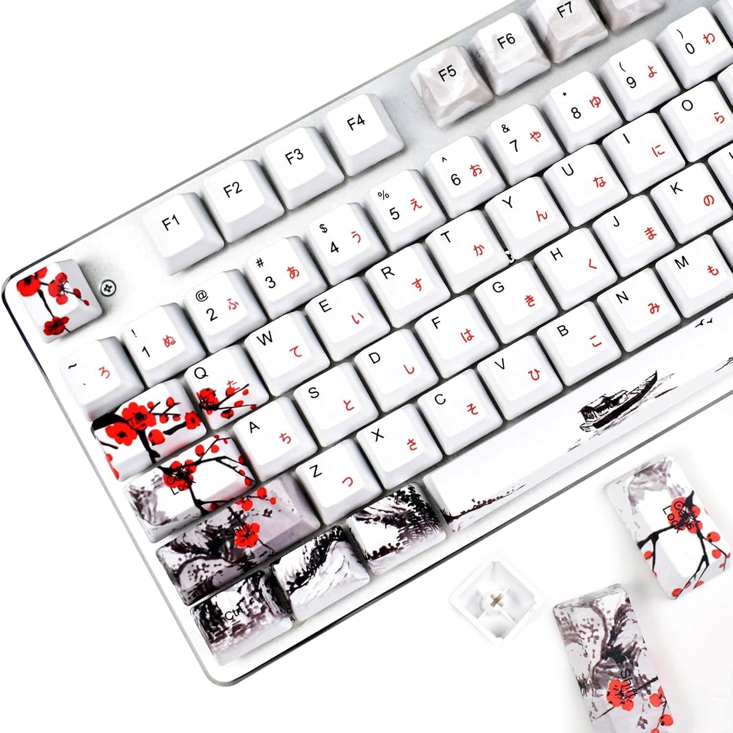MOLGRIA Keycaps 110 Set for Full Size Mechanical Keyboard, Custom PBT OEM Profile Key caps Japanese Font with Keycap Puller for Cherry MX 104/87/71/61 60 Percent Keyboard(Plum Blossom)