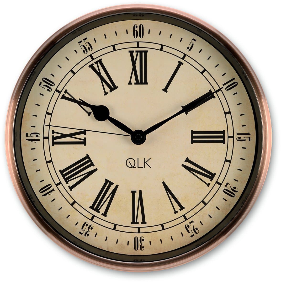 QLK wall clock copper PITTO, metal frame copper, antique optics, shabby chic, non ticking low noise movement