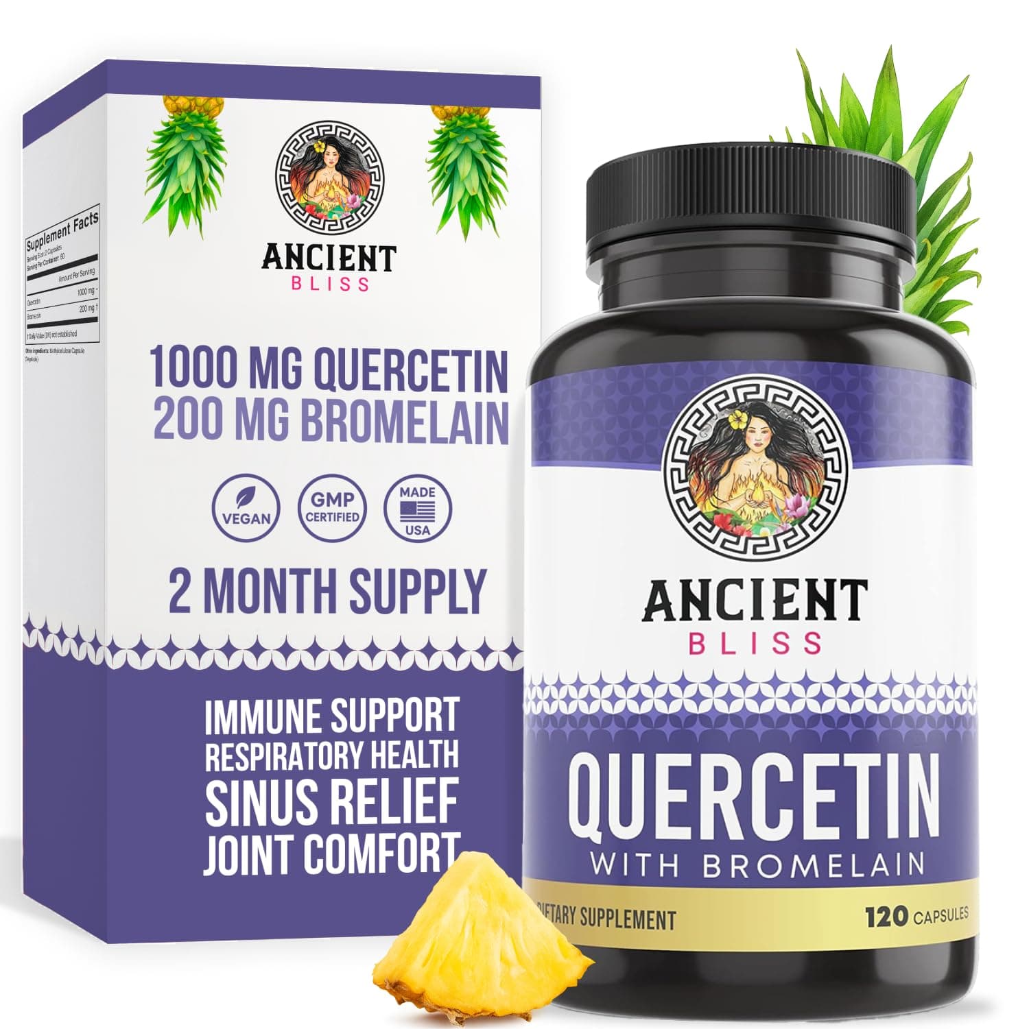 Ancient Bliss Quercetin with Bromelain | Quercetin 1000mg Bromelain 200mg per Serving | Supports Immune System, Joint Health, Respiratory Health & Overall Well-Being – 120 Capsules
