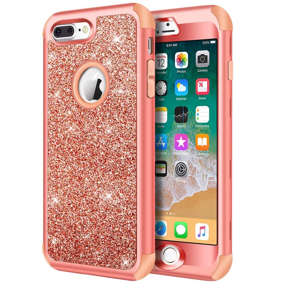 Hython Designed for iPhone 8 Plus, iPhone 7 Plus Case, Heavy Duty Defender Protective Bling Glitter Sparkle Hard Shell Hybrid Shockproof Rubber Bumper Cover for 7 Plus and 8 Plus, Orange